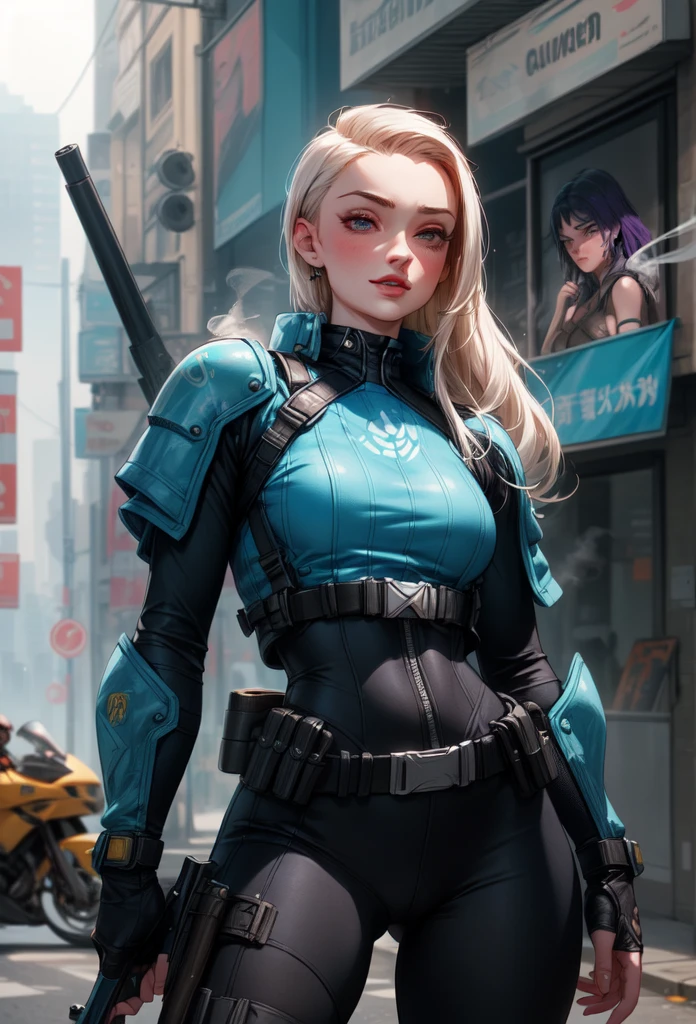 torso shot, facing front, best quality, masterpiece, cyberpunk Sophie Turner as 1girl, (solo:1.1), ultra detailed,detailed face, 8k wallpaper, platinum white hair in side cut fashion, wide hips, smile, Sophie Turner as military female soldier with gear of war, city background, smoke and rubbles, by gustav klimt , atey ghailan, by greg rutkowski, by greg tocchini, by james gilleard, by joe fenton, by kaethe butcher, gradient blue, green and purple color scheme