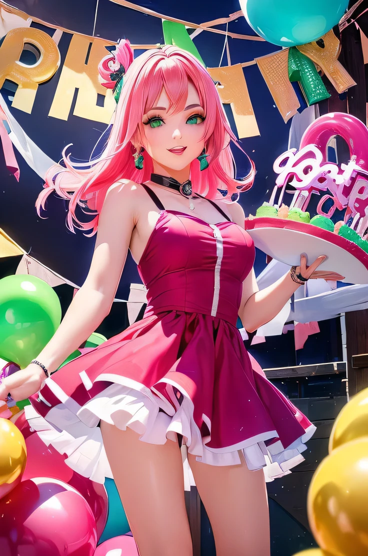 (melhor qualidade,ultra-detalhado,alto,master part:1.2),vivid colors,woman with pink hair and green eyes smiling at the camera,eating a birthday cake,balloons tied behind her,party lighting, Ela veste um vestido preto