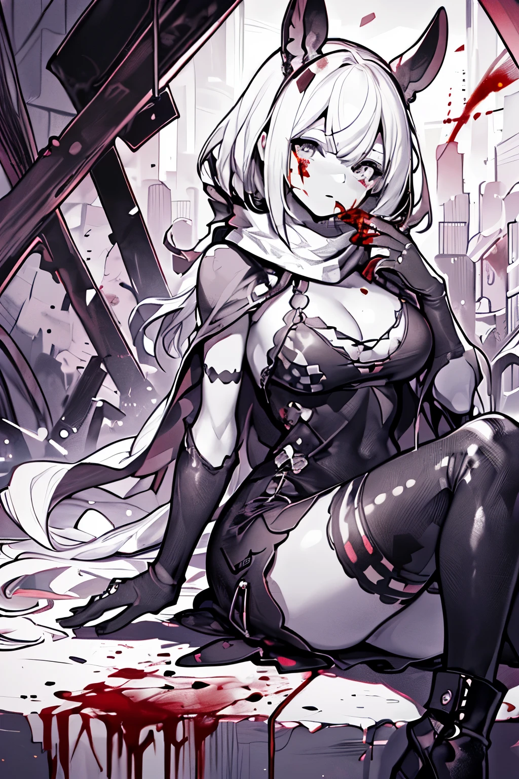 Best Quality, masutepiece, 超A high resolution, One beautiful woman, large full breasts, black mask that covers the mouth, (black and white monochrome-geometric pattern tight-silhouette mini dress:1.7), (black leather mouth mask:1.2), (blood inspired red shawl:1.5),
(knees-high black long boots:1.2),