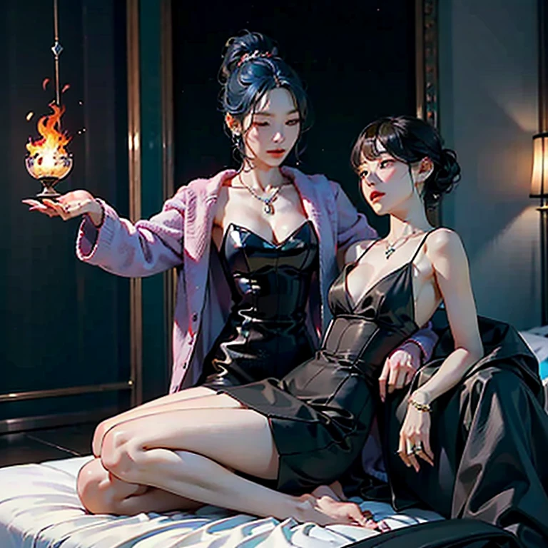 (tmasterpiece:1.2, top quality, high resolution ),full body,(slender boy:0.7 ) in bed with demon mistress:1.8,mature breasts:1.2, big breasts:0.6, ice blue hair, pixie cut, necklace and jewellery , femdom:1.8,((Dominating mistress,(mistress on top:1.1),(Mistress Dominating boy:1.2), (mistress below boy helplessly:1.1) , mistress chocking neck boy, mistress touching crotch boy:1.4):1.2)。(电影灯光)