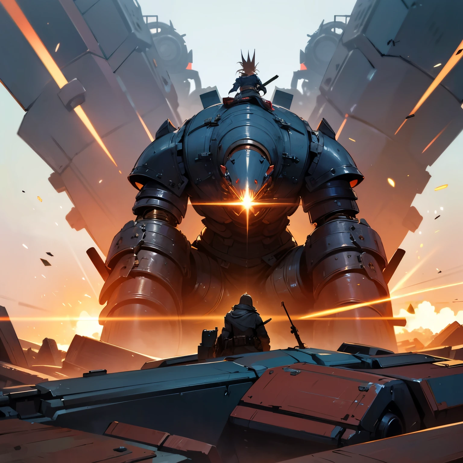 Giant_Golem, full body, heavily armored, final_boss, war, robot_head, (extreme_hunchback:1.3), steampunk, (battle:1.5), copper_pipes, shoulder_cannon, Missile_launcher, masterpiece, (best quality), 1080p