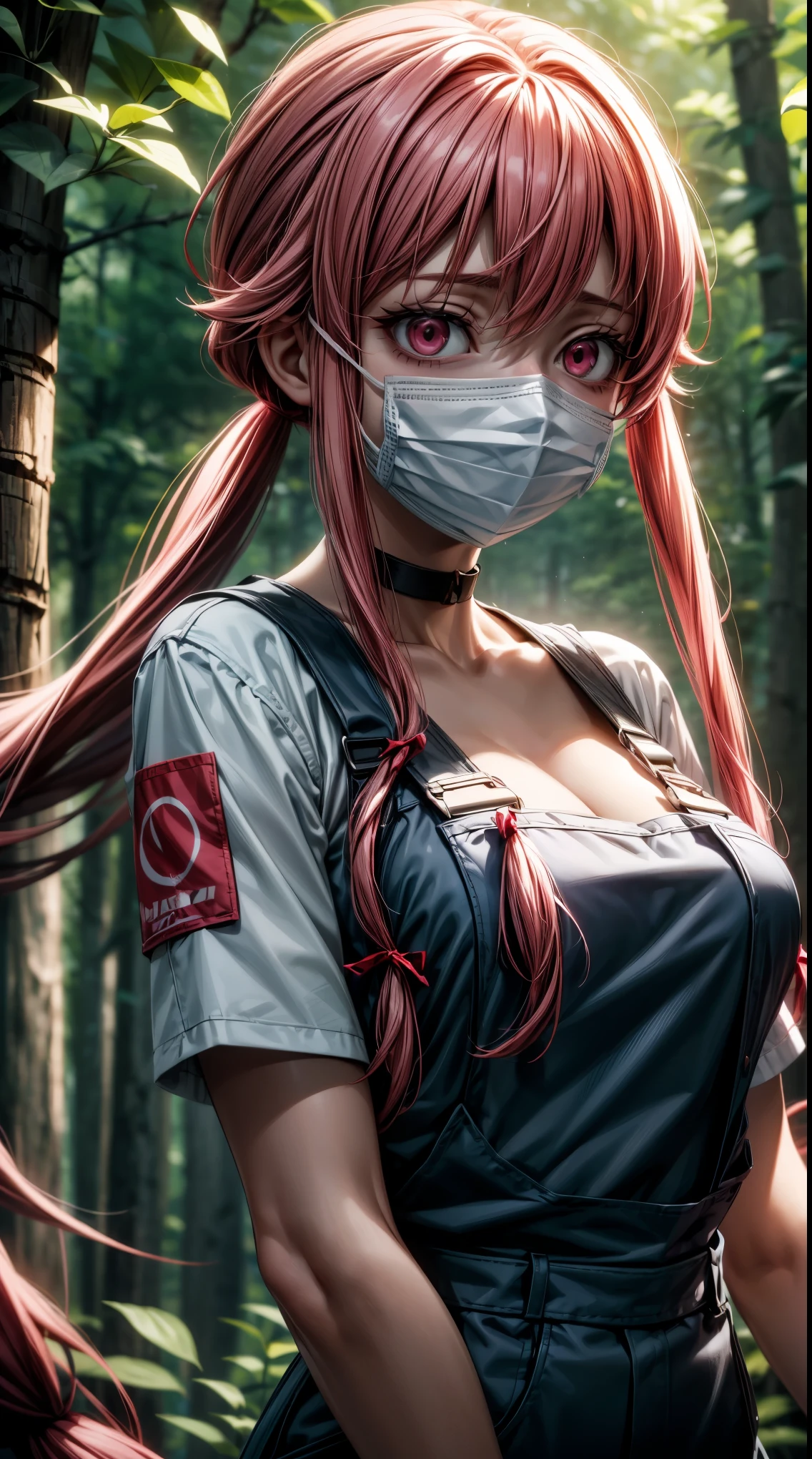 explicit, beautiful, amazing, high quality, detailed background, a woman with large breast in a woods, 1girl, breasts , , , pink hair, large breasts, twintails, long hair, solo focus, mirai nikki, black choker, dark grey overalls, leather gloves, red eyes, chasing you through the woods, ((nigth)), crazy, ((crazy eyes)), ((crazy stare)) holding a bloody knife, (fanart of Gasai Yuno), (angry eyes:1.1), (perfect hands:1.4), (masterpiece), best quality, expressive eyes, VHS, ((nigth)), (Parfect Hand:1.3), 4k, 8k, 1980s, from below, (standing over you), wearing a jacket, (Blood:1.1),Horror, (evil smile:1.5), (face mask:1.6), (Muscular:1.5)