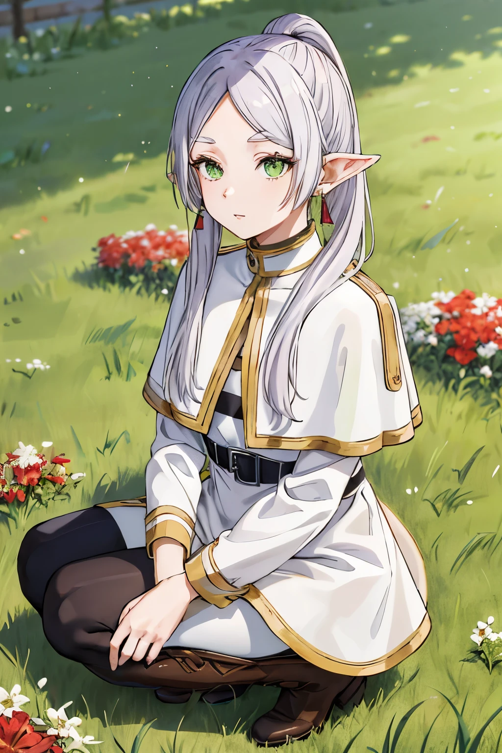masutepiece,Best Quality,hight resolution,Ultra-detailed,freeze,Green eyes,Long hair,Twin-tailed,Parted bangs,earrings,Jewelry,Dress,Long sleeves,white capelet,Belt bag,Black pantyhose,long boots,Brown Footwear,Outdoors,Street,crouching down,grass field,Zito-order
