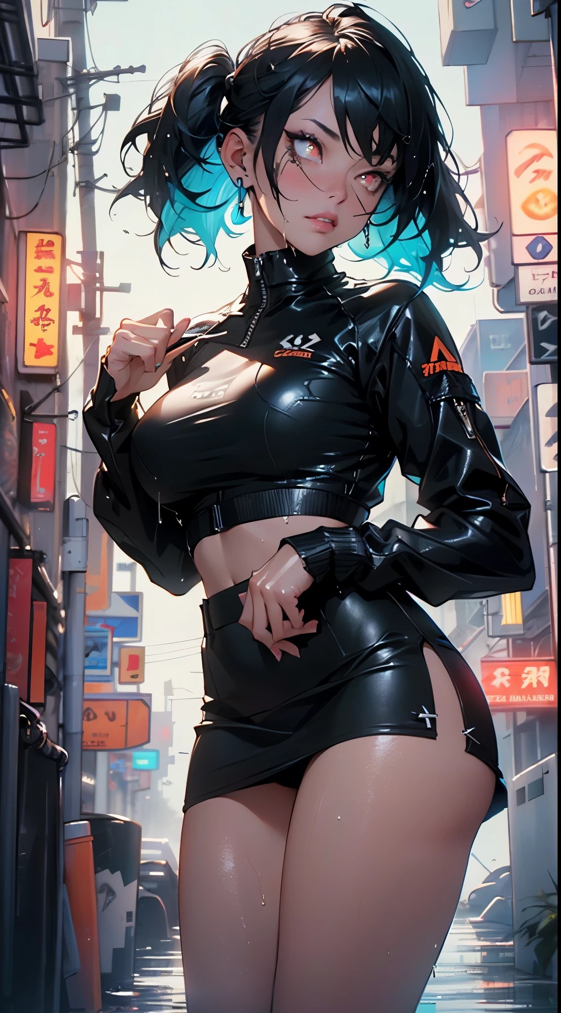 physical trainer girl,(((1girl))),
(large breasts:1.4),saggy breasts,(((ear fins:1.5))),(glowing eyes),(((orange_eyes:1.2))),(((black sclera:1.5))),symmetrical eyes,((fat)),(((lustrous skin:1.5,bright skin: 1.5,skin tanned,shiny skin,very shiny skin,shiny body,plastic glitter skin,exaggerated shiny skin,illuminated skin, wet legs))),(spider lower abdomen,narrow waist,wide hip,athletic body,inflated legs, thick thighs,detailed body,(detailed face)),((twin tail hairstyle, black hair,turquoise highlights hair)),
cute,slutty,seductive,erotic,((nsfw)),
((physical trainer suit)), orange headwear, ((orange skirt, black shirt, white panties)), ((Skirt Lift Front, (skirtliftfront))),((wet clothes,intricate outfit,intricate clothes)),
(dynamic pose:1.0),embarrassed,(centered,scale to fit dimensions,Rule of thirds),
cyberpunk city by the ocean at night, with bright neon signs and dark stormy clouds and puddles, scenery:1.25,nighttime, starry night, cosmos,Very dark night that makes the neon lights stand out, very bright neon lights,
artistic photography,(photography taken by sldr),highres, sharp focus,(ultra detailed, extremely detailed), (photorealistic artwork:1.37),(extremely detailed CG unity 8k wallpaper),((synthwave background theme)),(((vibrant colors))),intricate,(intricate background),(masterpiece),(best quality),perfect rendered face,perfect face details,realistic face,photo realistic,analog style,((intricate detail)),(((realism))),