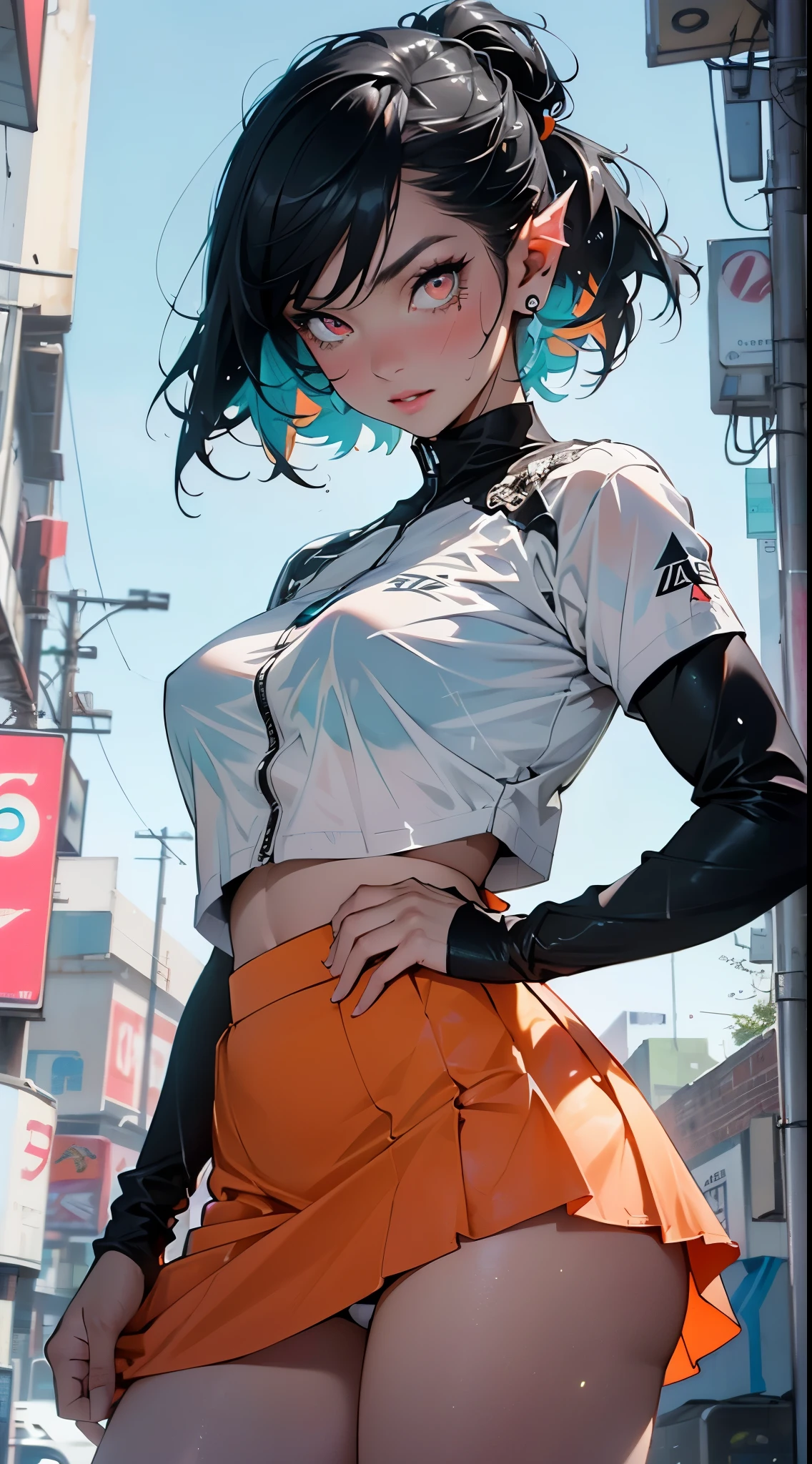 physical trainer girl,(((1girl))),

(large breasts:1.4),saggy breasts,(((ear fins:1.5))),(glowing eyes),(((orange_eyes:1.2))),(((black sclera:1.5))),symmetrical eyes,((fat)),(((lustrous skin:1.5,bright skin: 1.5,skin tanned,shiny skin,very shiny skin,shiny body,plastic glitter skin,exaggerated shiny skin,illuminated skin, wet legs))),(spider lower abdomen,narrow waist,wide hip,athletic body,inflated legs, thick thighs,detailed body,(detailed face)),((twin tail hairstyle, black hair,turquoise highlights hair)),

cute,slutty,seductive,erotic,((nsfw)),

((physical trainer suit)), orange headwear, ((orange skirt, black shirt, white panties)), ((Skirt Lift Front, (skirtliftfront))),((wet clothes,intricate outfit,intricate clothes)),

(dynamic pose:1.0),embarrassed,(centered,scale to fit dimensions,Rule of thirds),

cyberpunk city by the ocean at night, with bright neon signs and dark stormy clouds and puddles, scenery:1.25,nighttime, starry night, cosmos,Very dark night that makes the neon lights stand out, very bright neon lights,

artistic photography,(photography taken by sldr),highres, sharp focus,(ultra detailed, extremely detailed), (photorealistic artwork:1.37),(extremely detailed CG unity 8k wallpaper),((synthwave background theme)),(((vibrant colors))),intricate,(intricate background),(masterpiece),(best quality),perfect rendered face,perfect face details,realistic face,photo realistic,analog style,((intricate detail)),(((realism))),