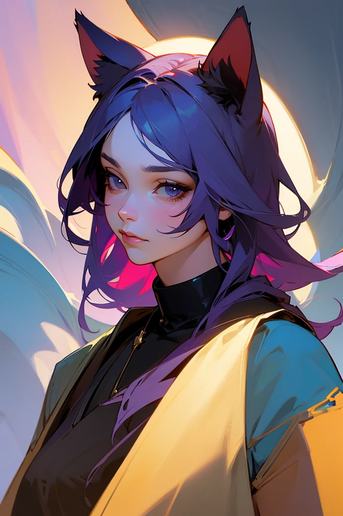 Realistic Masunya poster portrait, (purple skin color:1.1), Cat ears, Solo, Jeremy Lipking, william bouguereau, (By Alphonse Mucha:0.5), by D-Art , SFW