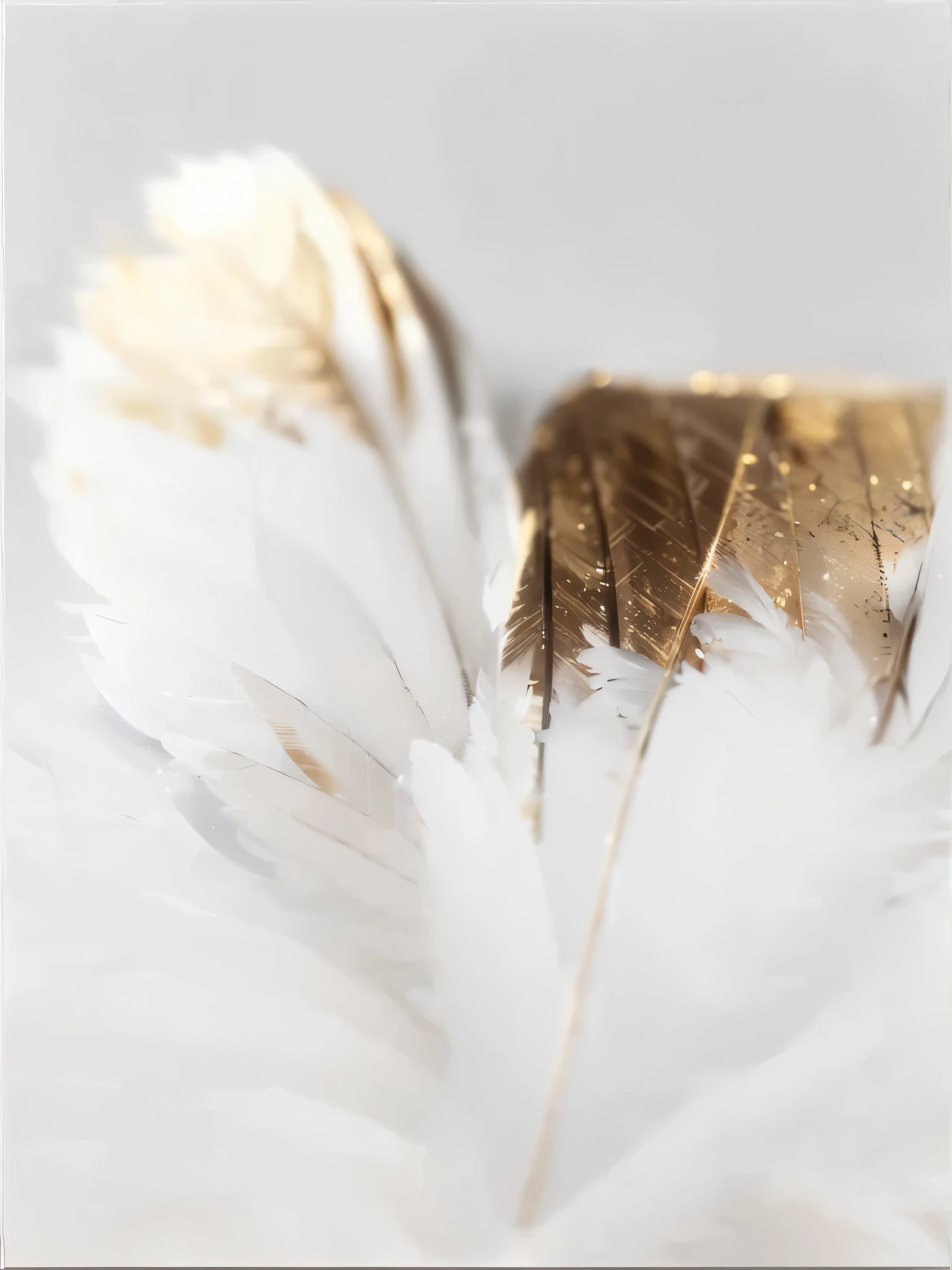 there is a close up of a feather with a white background, golden feathers, soft feather, gold and white, white and gold, beautiful feather, white feathers, feather, beautiful feathers, transparent feathers, bird feathers, feathers, touch of gold leaf, feathers ) wet, touches of gold leaf, golden wings, delicate detailing golden stroke, feathered, real feather