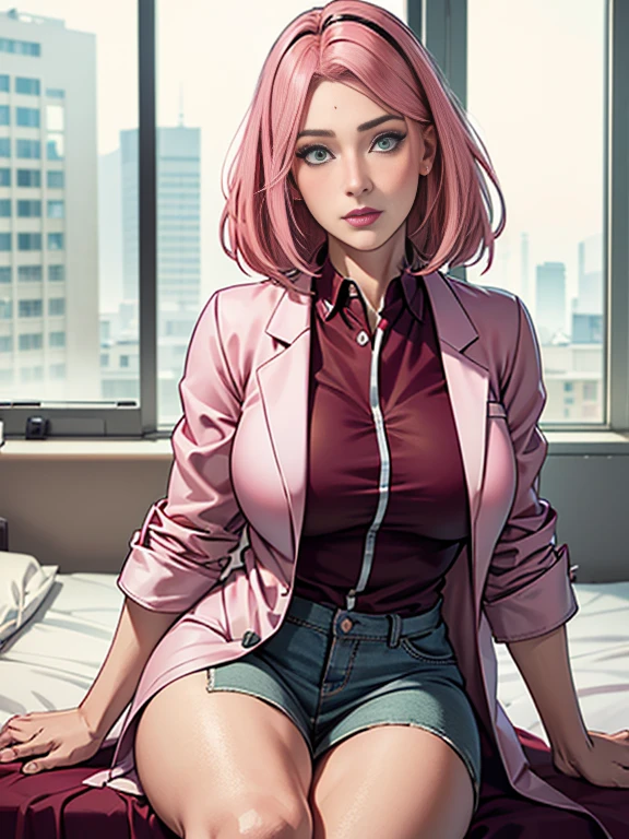 masterpiece, absurdres, sakura\(boruto\), 1girl, solo, mature woman, a full body close up of a woman as a doctor, photorealistic, high resolution, hips up, look at viewer, (detailed face), doctor outfit, (((maroon shirt, white lab coat, black skirt))), name tag, perfect composition, detailed lips, big breast, beautiful face, body proportion, blush, (pink lips), long pink hair, green-eyed, realistic eyes, soft gaze, super realistic, detailed, photoshoot, realistic face and body, lying on back in bed, hospital bed, detailed hospital background, view from above, arms behind head