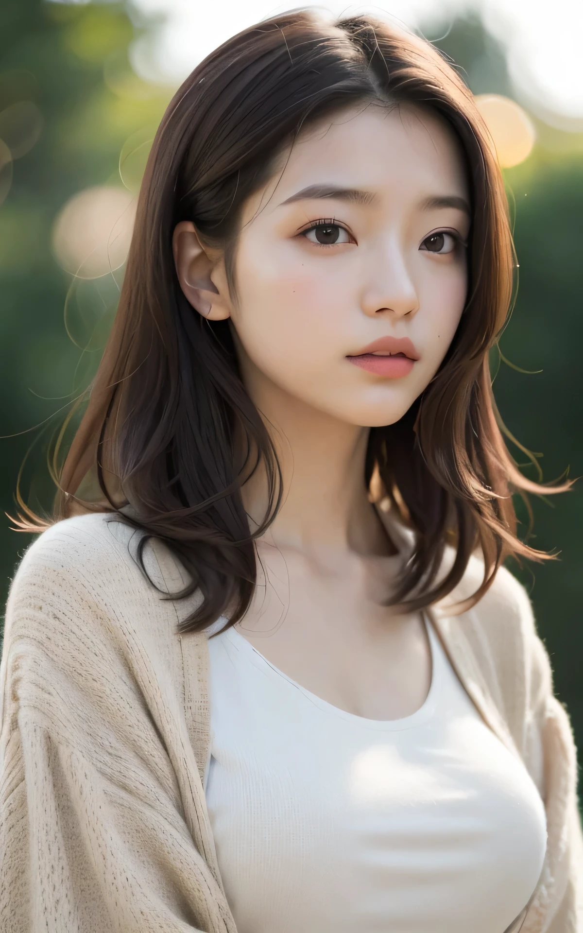 masutepiece, Best Quality, 8K, 1 girl, Right human hands, Correct human finger, japanaese girl, gros-plan, Cute, Girly, Delicate girl, Neat and clean beauty, medium breasts, Sexy lips, Luminescent, Looking away, Raw photo, F/1.8, 135 mm, NIKON, Anatomically correct, Bokeh,Textured skin, Professional Photography, Portrait, Soft light, Professional Lighting, Back Light, boobs film grain, (Eyes and faces with detailed:1.0), Brown hair, Medium hair swaying in the wind, T-shirt, Cardigan