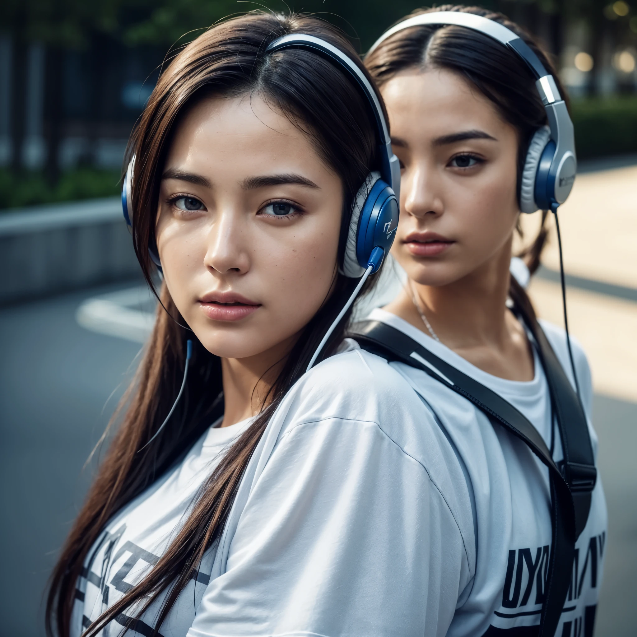 dressed, (photo realistic:1.4), (hyper realistic:1.4), (realistic:1.3), (smoother lighting:1.05), (increase cinematic lighting quality:0.9), 32K, 1girl,20yo girl, realistic lighting, backlighting, light on face, ray trace, (brightening light:1.2), (Increase quality:1.4), (best quality real texture skin:1.4), finely detailed eyes, finely detailed face, finely quality eyes, (tired and sleepy and satisfied:0.0), face closeup, t-shirts with headphones, (Increase body line mood:1.1), (Increase skin texture beauty:1.1)