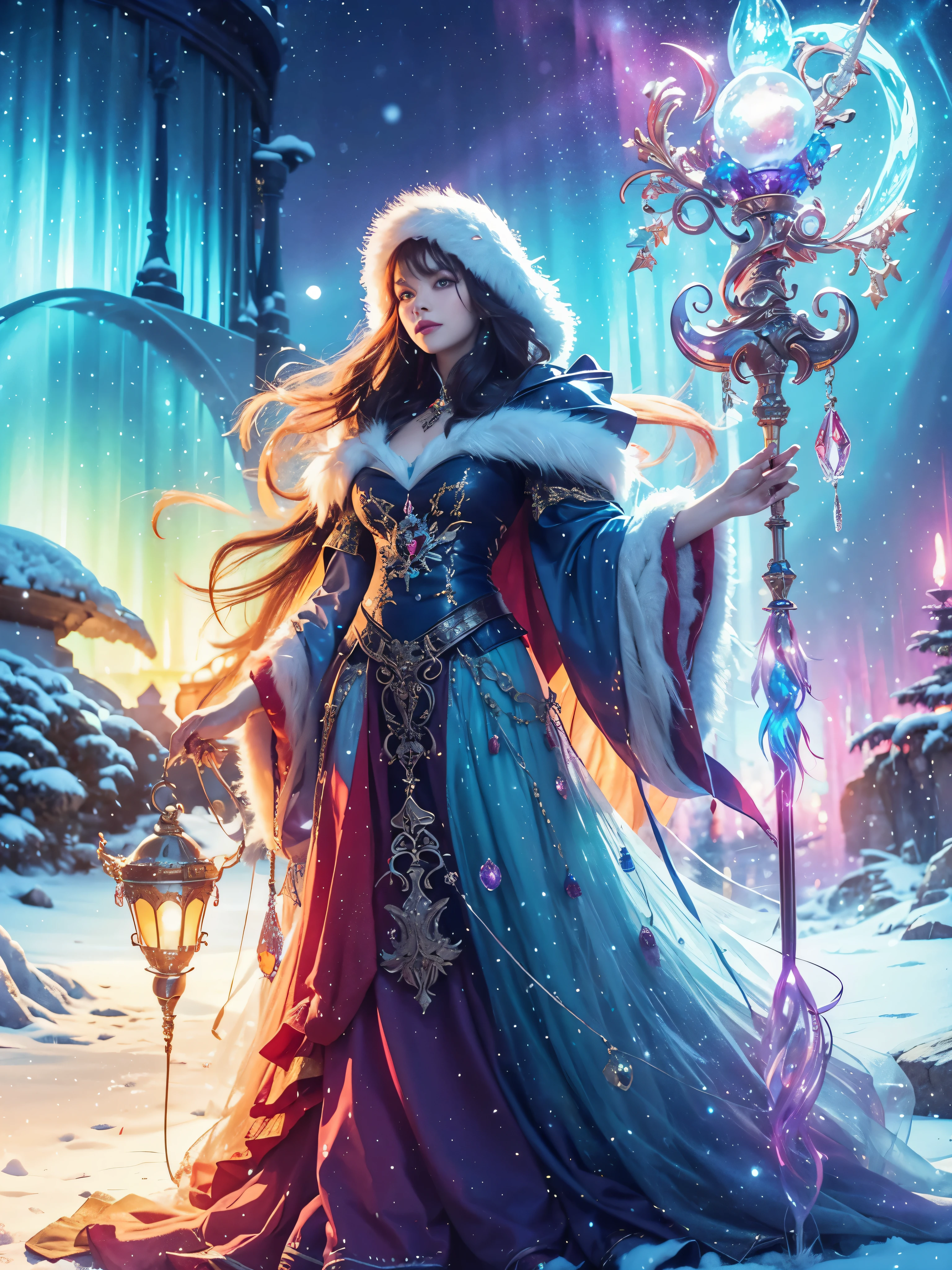 portrait of a sorceress with a staff adorned with glowing ornaments, standing in a snowy clearing as she summons a magical aurora that paints the night sky with vibrant hues, infusing the scene with the magic of the season.