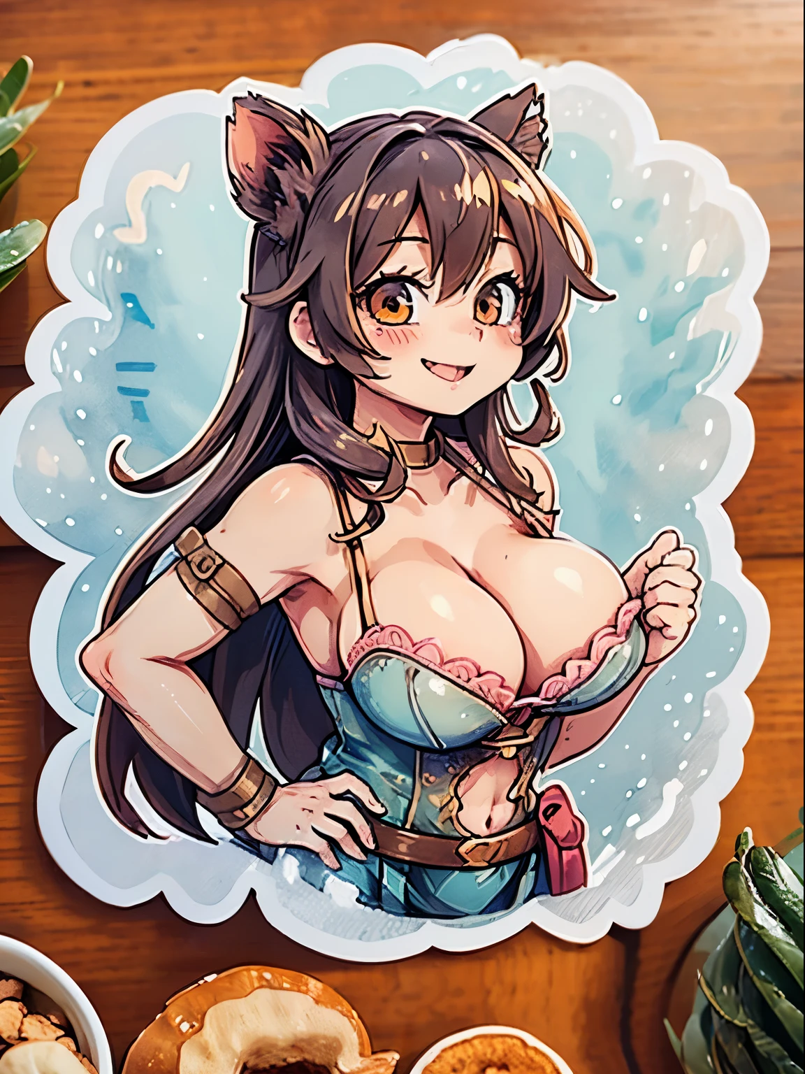 a sticker、おっぱいのa sticker、tchibi、From Side、(((Super close-up of the chest、Colossal tits、cleavage of the breast、I mainly draw the chest)))、Depiction of only the chest、Smile with mouth wide open、pink girl、succubus、simple background、white backgrounid、