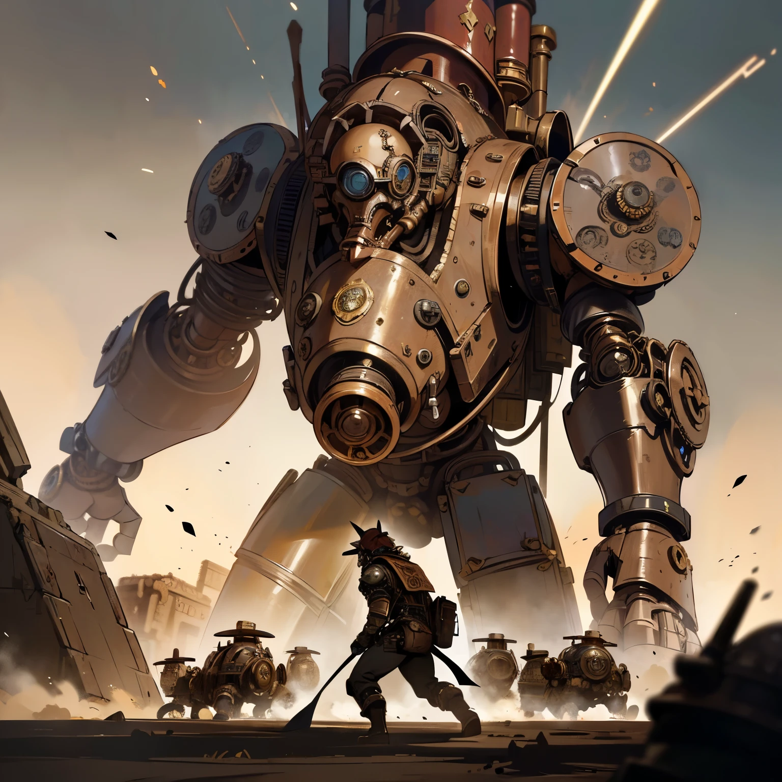 Giant_Golem, full body, heavily armored, final_boss, war, robot_head, (extreme_hunchback:1.3), (steampunk:1.3), (battle:1.5), copper_pipes, shoulder_cannon, Missile_launcher, masterpiece, (best quality), 1080p