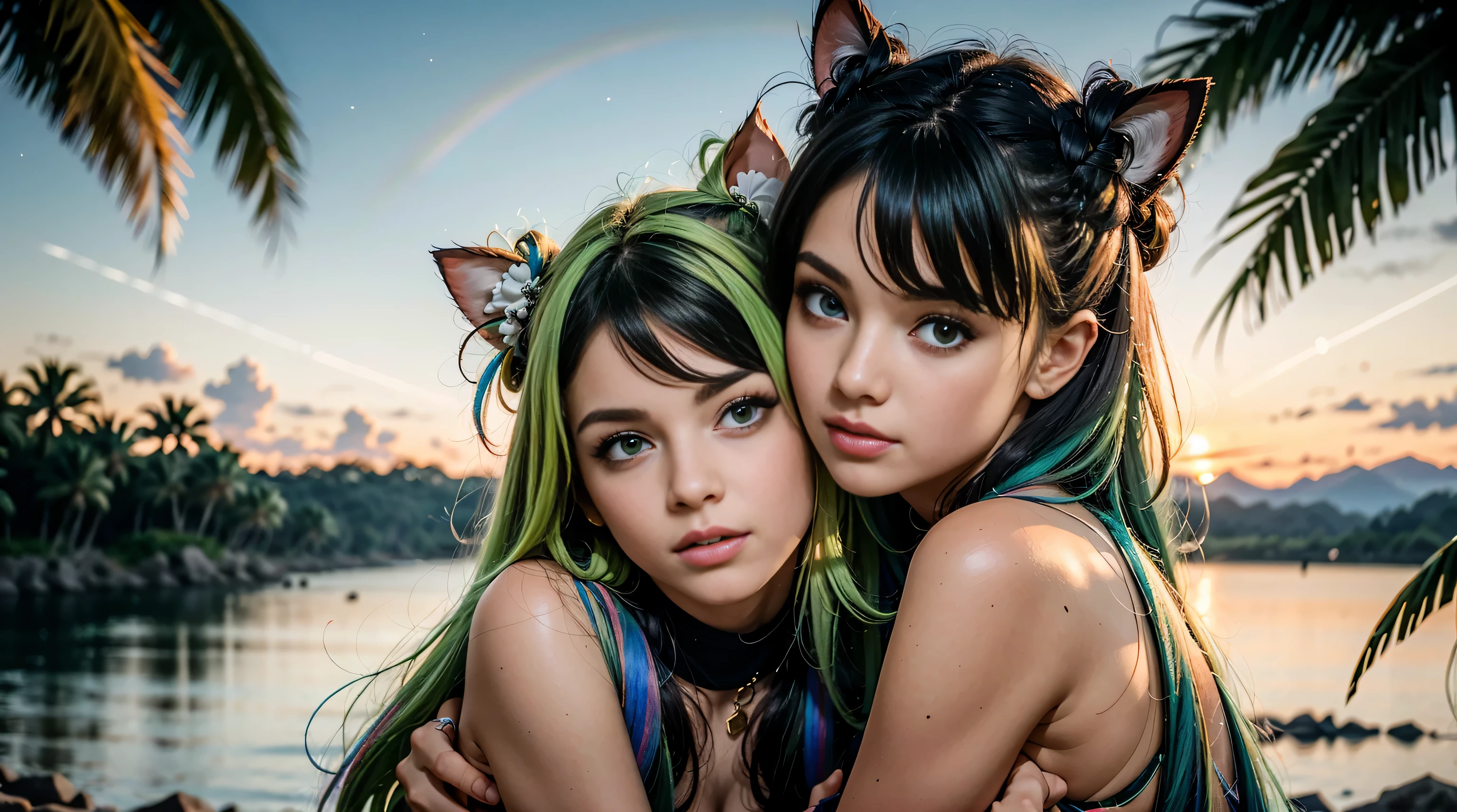 a beautiful female, 2 girls, rainbow tentacles, lake, rainbow color, cat ears, rainbow hair, stylish hair, mechanical wings, fantasy, jungle, closeup, alien planet, nature, wildernes, beach, palmtreas, fruit, lens flare, ancient ruins, closeup, no pants, machine, planets, no clothes, nudist, neon green hair, space buns, giant tentacles touching, rainbow hair, fractal galaxy sky, busy scene, amazing, with cute face and long hair, looking at the viever, playful, hot, hugging, inviting, closeup