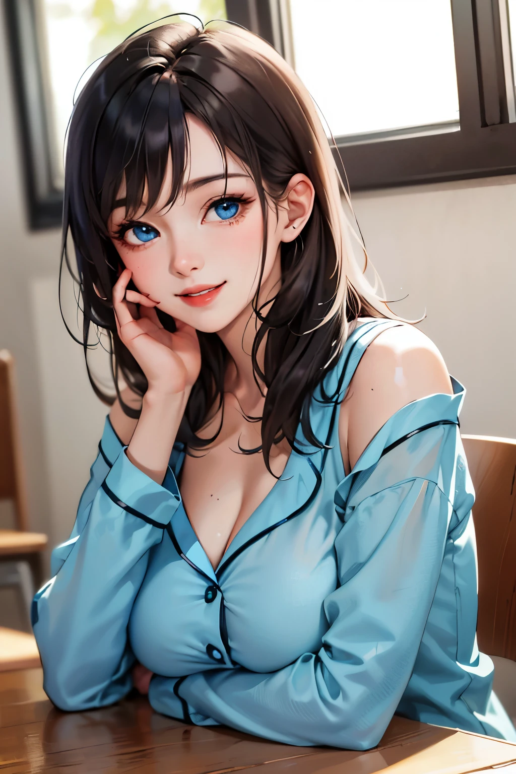 (masterpiece:1.2, best quality), (1lady, solo, upper body:1.2), clothing: loose-fitting, comfortable pajamas Accessories, detailed the hand, Hair: Short dark blue shoulder-length hair Makeup: natural, glowing skin, behaviocing the table, sitting at the table, smiling location: study, study desk, blue eyes, huge breasts,