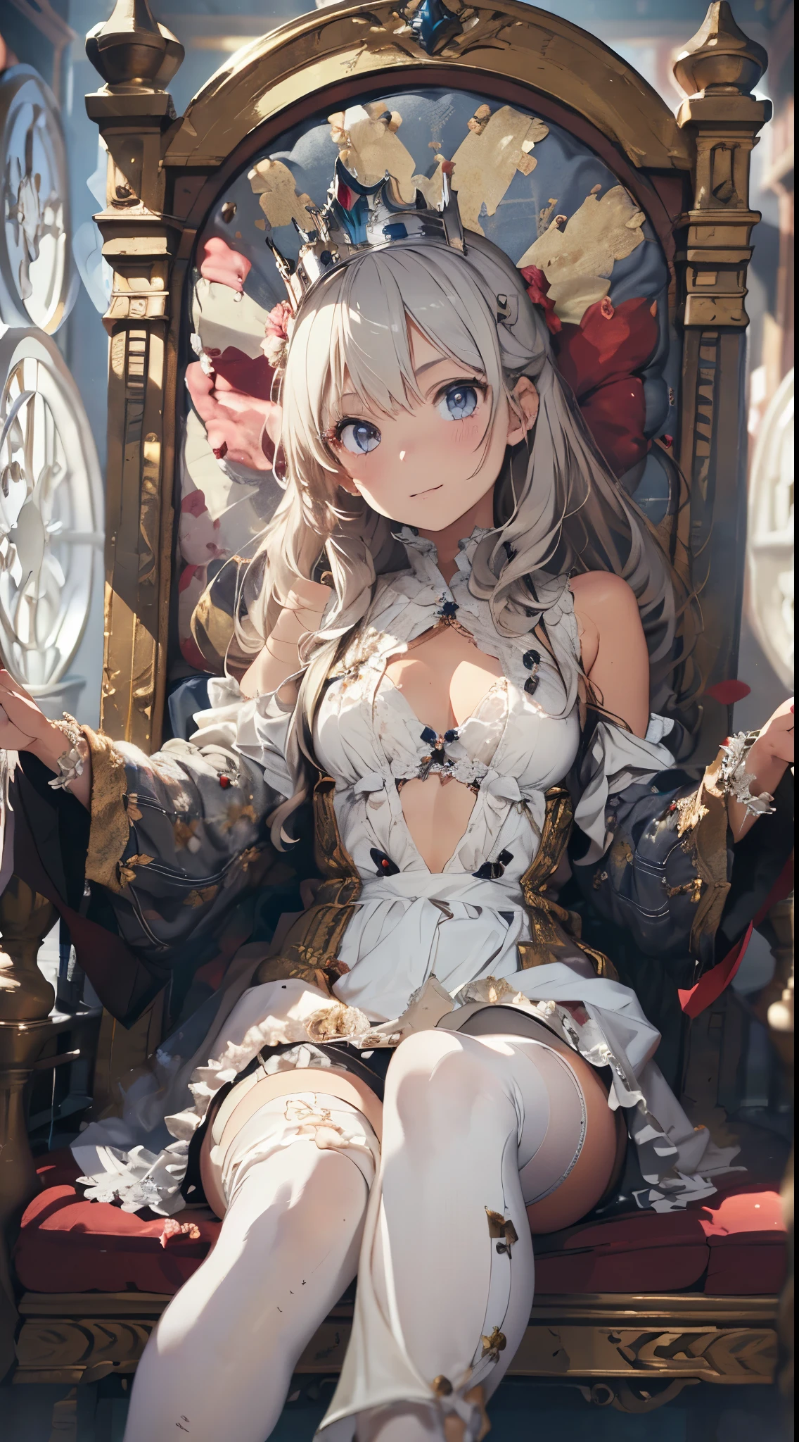 (The highest image quality, master piece:1.2), (Ultra Definition Illustration), NSFW, (very cute little princess:1.3), (1 girl:1.2), Solo, (shoot from very below) ,(condescending look) NSFW, gorgeous blue queensleveless dress, long skirt, sitting on the throne chair, queen crown, showing panties, Full body,  (Glasses, Short-Cut Hair), japanese, armpits, (white thigh high pantyhose:1.2), Evil smile, Spiteful face, Luxurious palace rooms, Fancy Room, RPG Royale, (spread legeautiful legs, Show the soles of your feet