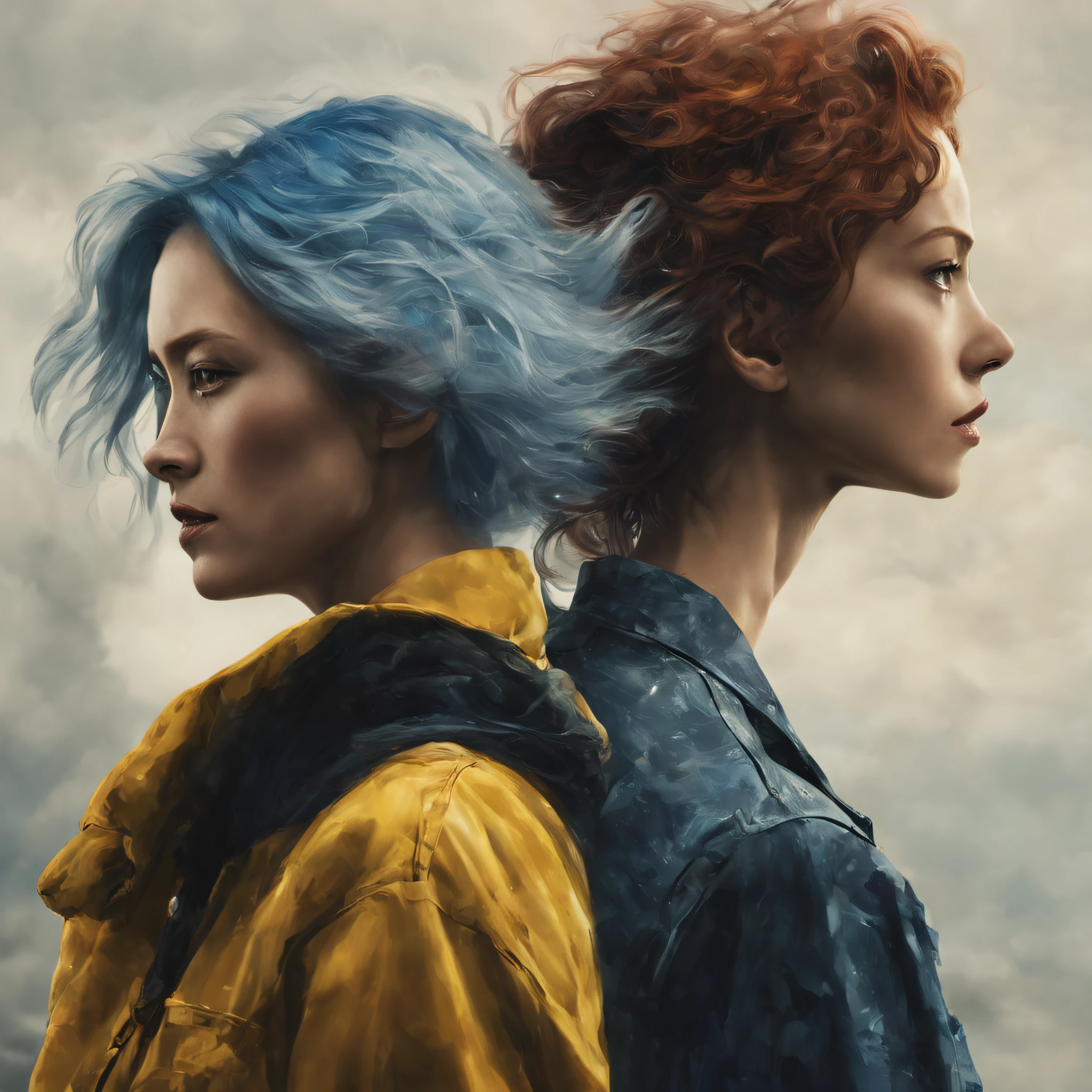 a woman com (((de volta para a esquerda))) com (((cara olhando para frente))) com yellow hair flying forward, e (((another woman com her back facing to the right))) (( (com face forward))) com blue hair flying forward, Film style, hyper realistic, detalhes do impressionismo, 8k.