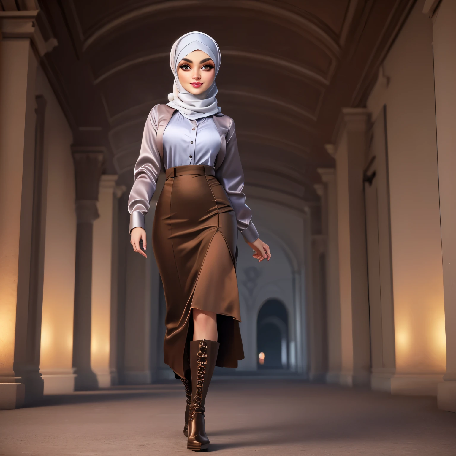 Masterpiece, Best Quality, 3D Rip Artwork, 3DMM Style, Portrait, Realism, a woman beautifully makeup, eyeshadow, Parted Lips, Detailed Eyes, beautiful big eyes, long eye lashes, smile wearing (gray satin headscarf)), loosely tide hijab style, ((brown satin shirt)), satin long maxi skirt, long blazer, high cut boots, walking on street, Eiffel tower view