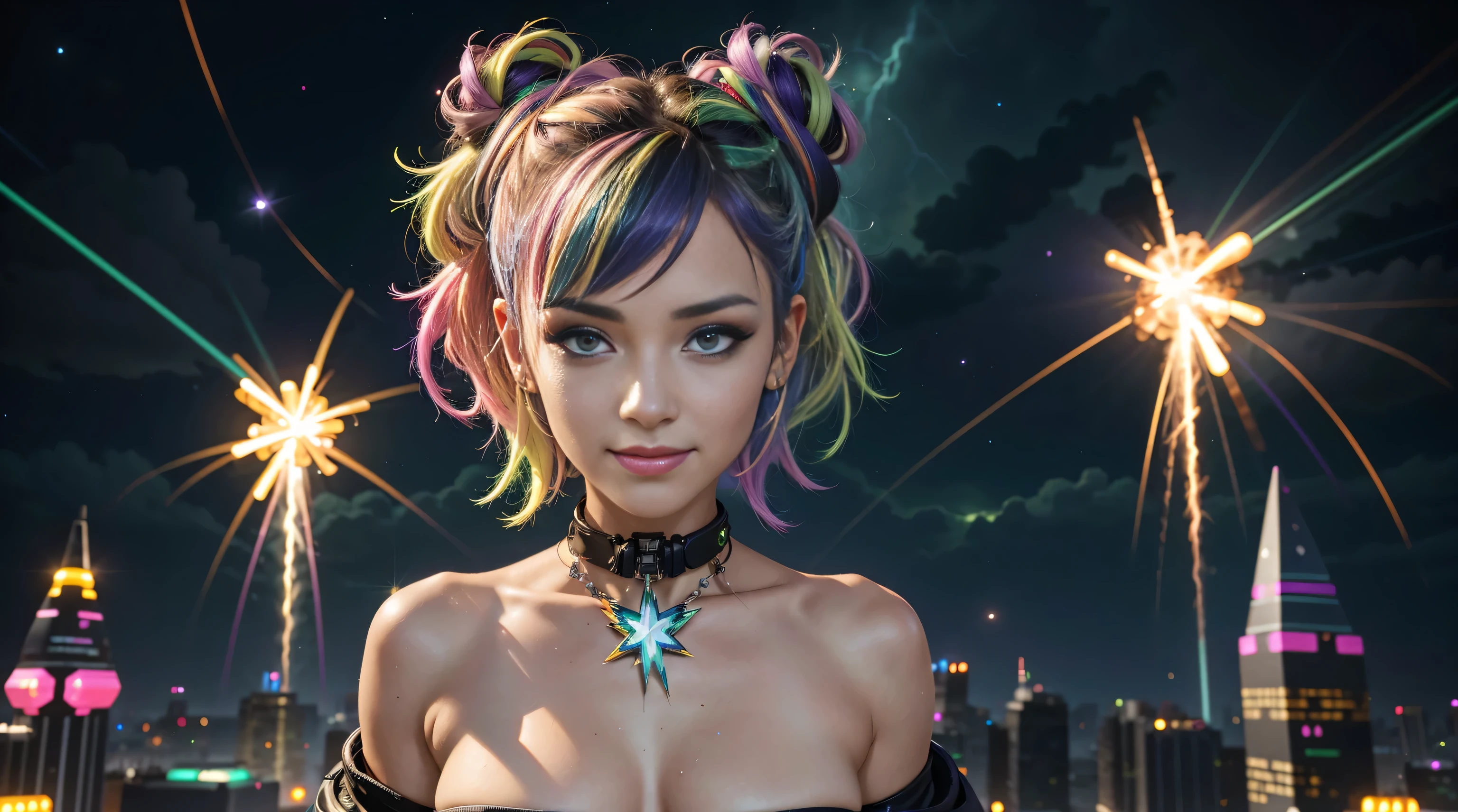 cute face, extreme abs, cute face, extreme abs, rave outfit, rainbow hair, intricate details, space buns, city, cyberpunk, nude naked, no clothes, lightning, cityscape, smiling, long hair, beautiful girl, jewlery, neon green hair, cat ears, highly-detailed, perfect face, purple eyes, lips, raining, tall, make up, zero gravity, planets space glowing powerballs, cosmic fuzzy style, zero gravity, magical ribbons, power display,cyberpunk outfit, s, jewlery, quantum balls of power and light, detailed, fractal sky, lightning,