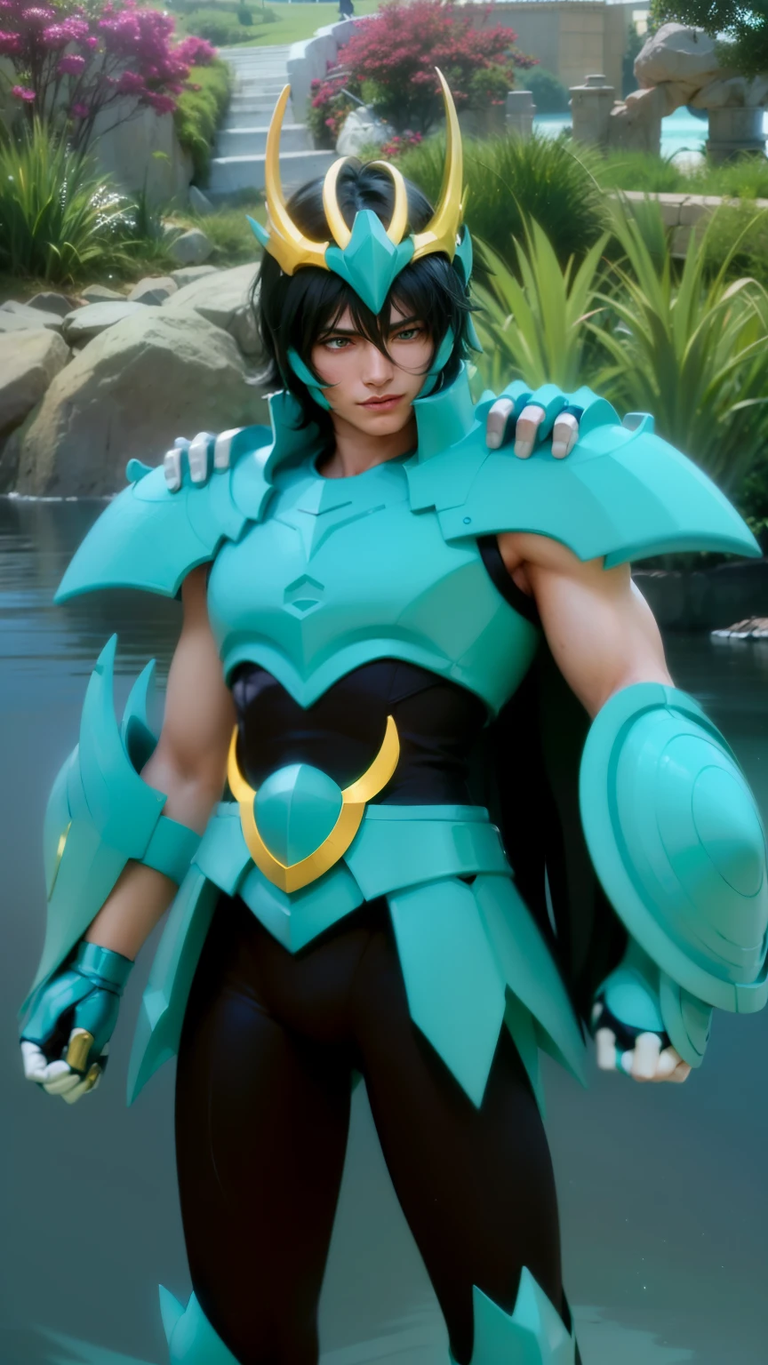 masculine male, masterpiece, ((perfect eyeest quality, (semirealism:1.9), beautiful lighting, (extremely detailed CG unity 4k fhd wallpaper), High Detail, Sharp focus, dramatic outdoors, 1 boy ,, short hair, blue eyes, smile, Attractive profile picture, masterpiece, ultra-precise rendering, beautiful and cool young man, trustworthy, dependable young man, savior of the world, design, most beautiful image, 4K, light green eyes, saint seiya gold armor, black hair.