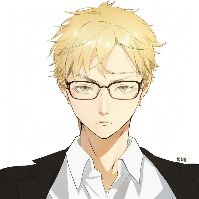 Tsukishima Kei has blonde hair and glasses with beautiful yellow eyes. He was wearing a neat suit with a serious face