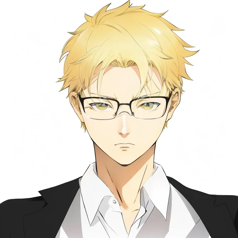 Tsukishima Kei has blonde hair and glasses with beautiful yellow eyes. He was wearing a neat suit with a serious face