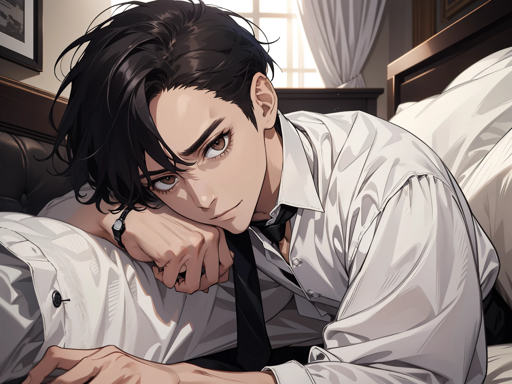 despise,Angle from below,dynamic angle absurdity, hight resolution, ultra-detailliert, nffsw), ムラムラ,perspiring,upset maste piece, Best Quality, 1boy, Solo, 22year old, Handsome, Blue black hair, finely brown eyes and detailed face, Forehead, ((Please wear a white shirt and black pants, tie)), (pale and white skin) lightsmile, a bed,Background Hotel,wrist watch, murky, Face Focus, , Thin, Undisturbed, upper body,yandere,natta,
Face sitting
Waiting to start