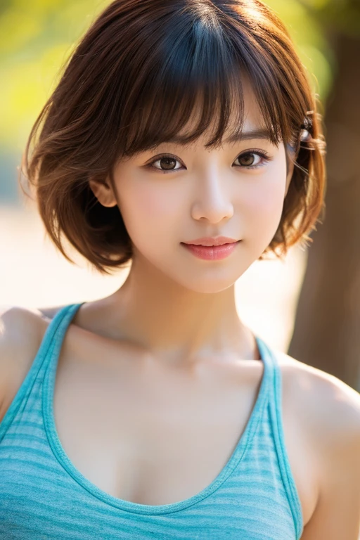 a park,date,(Tank tops:1), Light brown fringe shorthair, bright brown eyes, 1girl in, 20yr old, innocence, (Photorealsitic), (intricate-detail:1.2),(masterpiece, :1.3),(top-quality:1.4), (超A high resolution:1.2), 超A high resolution, (A detailed eye), (detailed facial features), HDR, 8K分辨率, (lensflare:0.7), Looks Back, Busy with inspection reports, Face Viewer