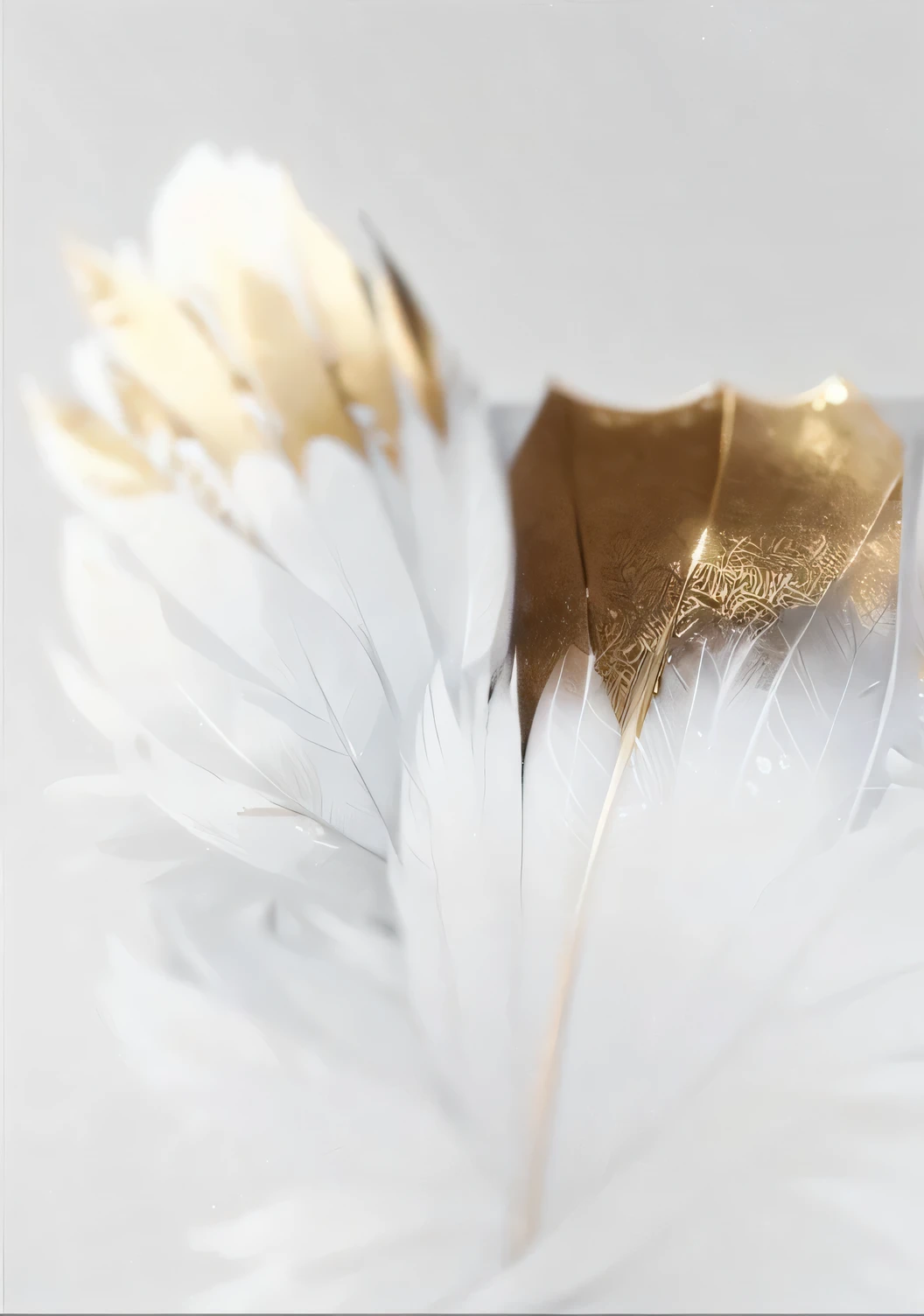 there is a close up of a feather with a white background, golden feathers, soft feather, gold and white, white and gold, beautiful feather, white feathers, feather, beautiful feathers, transparent feathers, bird feathers, feathers, touch of gold leaf, feathers ) wet, touches of gold leaf, golden wings, delicate detailing golden stroke, feathered, real feather, more texture, green background