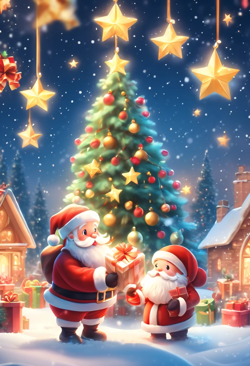3 Rendering, christmas eve scene, There is a big Christmas tree in the middle of the poster, Decorate with colorful lights, star curtain in sky, and gift box on the snow. Cute and kind Santa Claus holding gifts, warm background and bright night