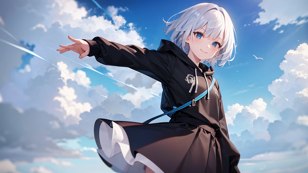 Ultra-high image quality,Look at viewers, hands behind back, girl with, 20 years old, Very short hair, long bangs between eyes, pale blue eyes, Hoodie, Skirt , Extremely detailed,(​masterpiece、top-quality),White hair、A smile、Fantastical, Silver hair, Black eyes,  Hoodie, White hoodie,a black skirt,Hair is short,White jacket, Casual style,Open jacket,  Cowboy Shot、Fluttering hair、a small face、Bright smile、(Detailed face) ,profetional lighting,fantastic landscape,Blue sky, Sunlight,look down from above,portrait bottom field