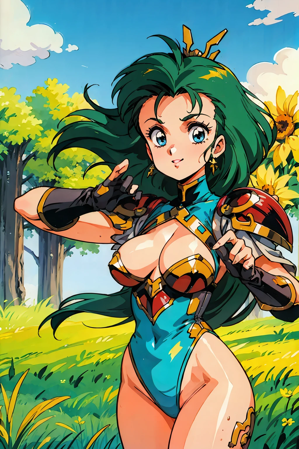 "(masterpiece:1.1), best quality,
1girl, (traditional media 80s:1.4), (eyelashes:1.5), (:1.2),
(intricate high detailed body:1.2),
(green hair:1.1), (forehead, hair slicked back:1.2), (long hair, wavy hair:1.1), (tiara:1.1),
blue eyes, (lip stick:1.2),
(curvy body:1.1), (gigantic breasts:1.3),
(light smile:1.2),
(leotard armor, cleavage cutout:1.2), (knight armor, armored boots:1.2),
(fur:1.1), (jewelry:1.1), long gloves,
standing, (dynamic pose, action pose:1.2),
(upper body, cowboy shot, looking at viewer:1.1),
(daytime, grassland, outdoors:1.1)"