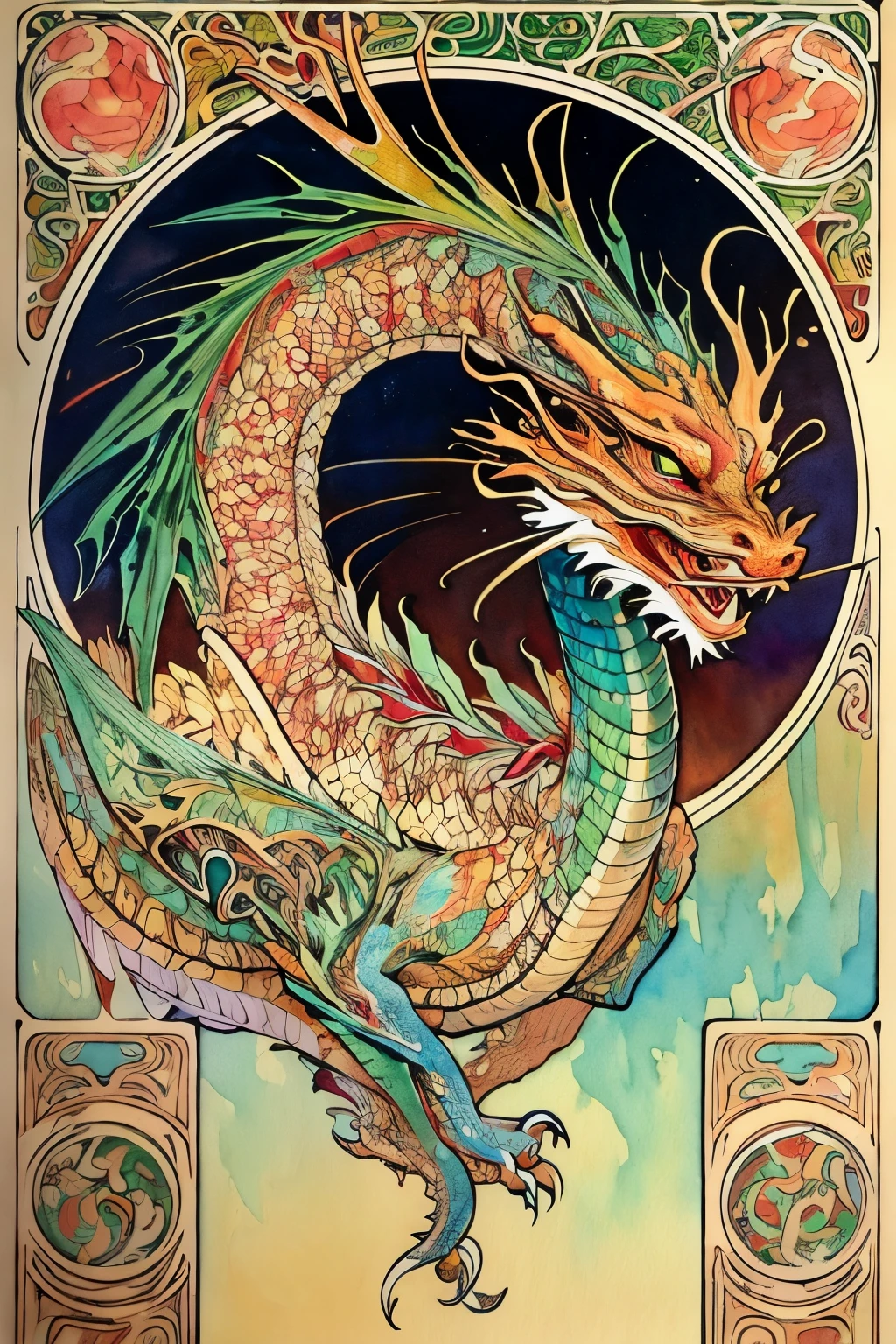 SFW,masutepiece, Best Quality, High resolution, Details , detail hands, Detail fingers, Detail Face, detail legs, solo, watercolor paiting, (art nouveau:1.25), Maximalism artstyle, neon theme, suprematism, beautiful detailed eyes,hyper detailed,beautifuly color, high details, high quality, back light, ((dragon)), sky high