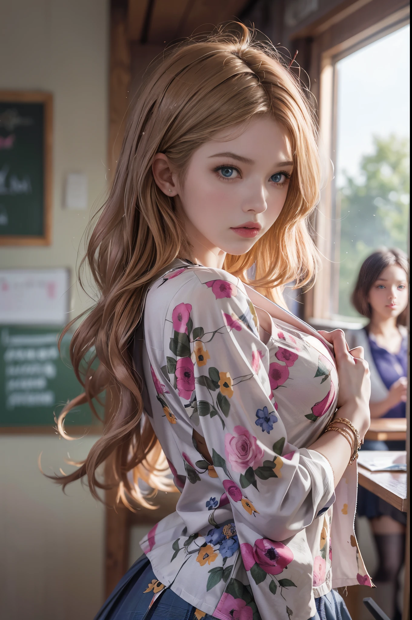 (()), obra maestra, mejor calidad, (realista, fotorrealista: 1.4), (foto RAW: 1.2), fondo de pantalla CG unity 8k extremadamente detallado, un arte oficial extremadamente delicado y hermoso, asombroso, con detalles finos, absurdos, incredibly absurdres, gran archivo , ultra detallada, extremadamente detallada, ((Katheryn Winnick: 1.3)\(Vikingos)\(Lagertha)), ojos y rostro extremadamente detallados, hermosos ojos detallados, luz en la cara, 1 girl in, cabello extra largo, ((cola de caballo)), sola, linda, mirando al espectador, (figura femenina perfecta) , cintura delgada, cuerpo completo, smal boobs, ((small breasts)), de pie, ((She wears a magnificent school uniform)), ((microfalda)), minifalda, falda a cuadros, ombligo, diafragma, camisa sin mangas, brazos desnudos, flequillo, escuela, Classroom, ulzzang-6500-v1.1, ((caderas muy anchas)), ((muslos muy gruesos))