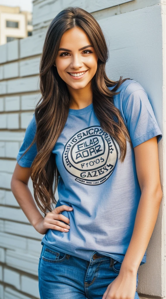 arafed woman with long hair smiling and leaning against a wall, beautiful, charming smile, entire body visible, full body, hyperrealistic, real human skin, best quality, 8K, masterpiece, extremely intricate, detailed eyes, detailed face, detailed body, exaggerated features, pronounced features, fujifilm, wearing a long sleeved tshirt and jeans with sneakers