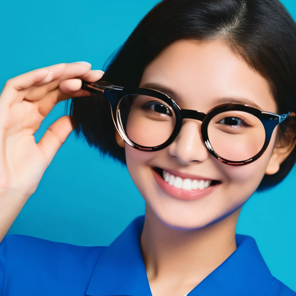 1girl, rounded glasses, big glasses, smiling, looking at the camera, short messy hair, dark-skinned, rounded eyes, cyan blue shirt, black shorts, close up, magazine shot, dynamic pose