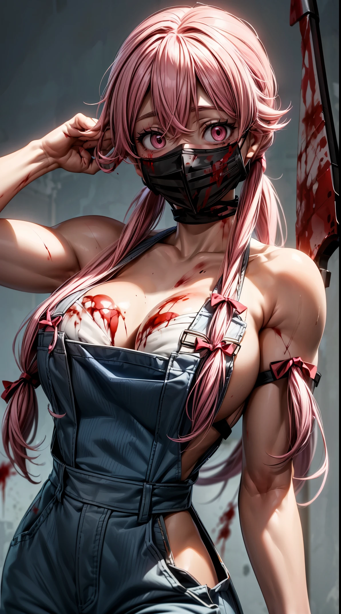 8K,Best quality, masterpiece, naked overalls, yuno gasai, long hair, (pink eyes:1.5), pink hair, smile, low twintails, red eyes, (large breasts:1.5), (blood splatter:1.5), (face mask:1.3), (perfect hands:1.5), (evil smile:1.5), (face mask:1.6), (Muscular:1.5)