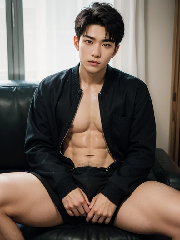 full body from head to toe, (masterpiece:1.2),18-year-old boy, Asian, Korea, white panties, erection, abs, sitting on a black sofa, spread legs, looking at me, ultra-detailed, realistic, portraits, vibrant colors, studio lighting