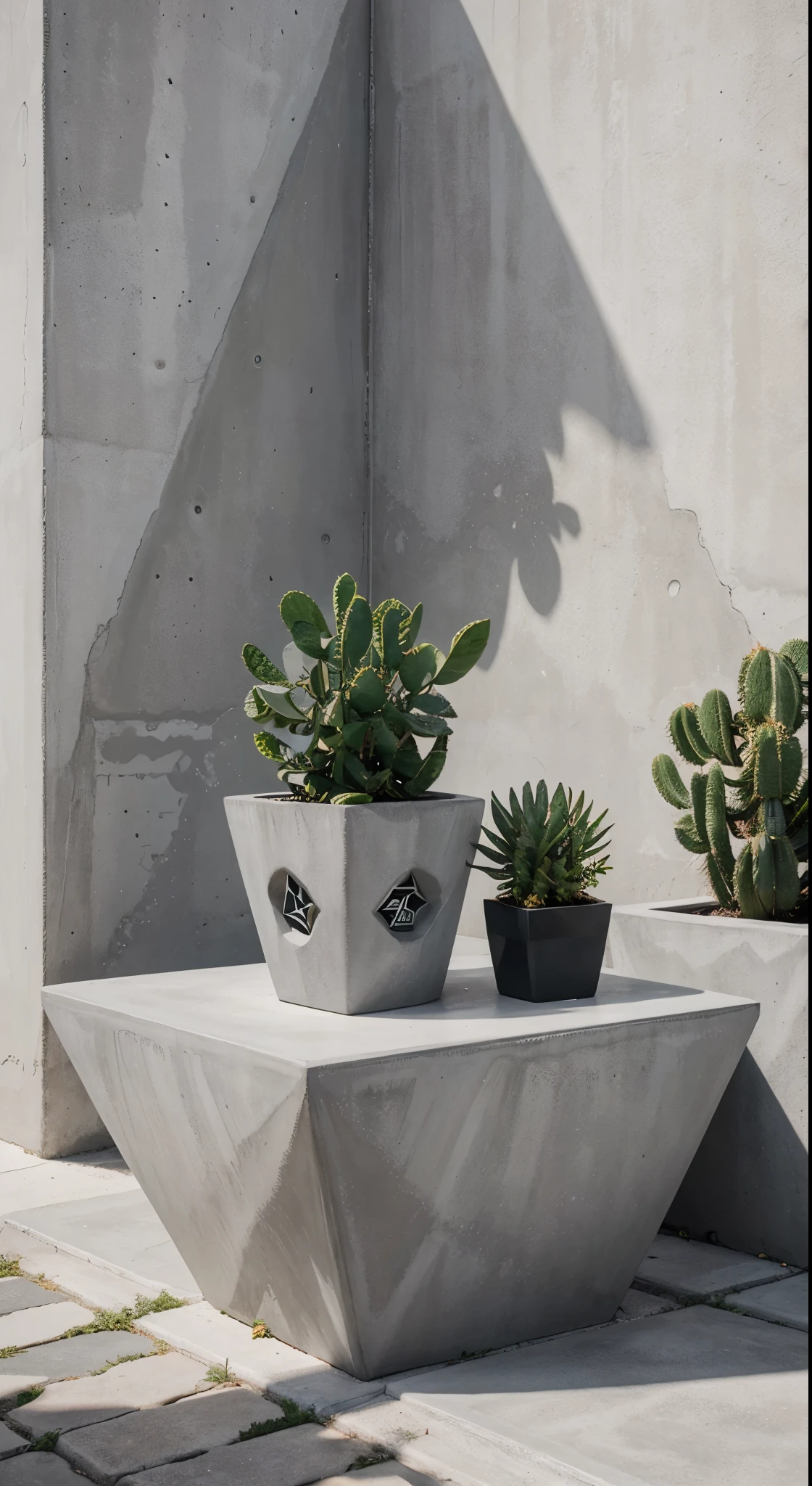 photography, pentagon shaped flower pot, flower pot, pentagonal top piece, modern geometric shape, color - shades of gray, matte finish, material - concrete, home decor, plant type - cactus, succulent, beautifully colored, flowers - shades of pink and white, concrete stand, background - old city street, wdtn - daylight v 5.1, close-up shot. --ar 4:3 -v 5.2 -c 0