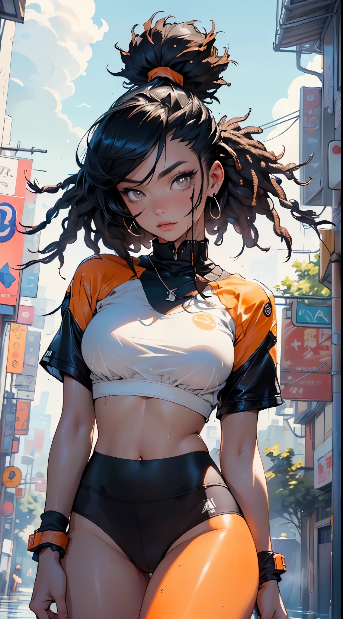 girl sporty,((attractive girl)),

(large breasts:1.4),saggy breasts,(((black hair:1.4,hi-top fade Haircut:1.5,hi-top fade:1.5,ponytail hairstyle with dreadlocks:1.5))),((heterochromia:1.5, (orange_eye and yellow_eye))),intricate eyes,beautiful detailed eyes,symmetrical eyes,((fat))(((lustrous skin:1.5,bright skin: 1.5,skin tanned,shiny skin,very shiny skin,shiny body,plastic glitter skin,exaggerated shiny skin,illuminated skin, wet legs))),(spider lower abdomen,narrow waist,wide hip,athletic body,inflated legs, thick thighs,detailed body,(detailed face)),

cute,slutty,seductive,erotic,(((nsfw))),

((tight sports bra, tight sports panties, (orange and black clothes))),(((underboob))),((wet clothes,intricate outfit,intricate clothes)),

(dynamic pose:1.0),coquette,look of security, determined,(centered,scale to fit dimensions,Rule of thirds),

cyberpunk city by the ocean at night, with bright neon signs and dark stormy clouds and puddles, scenery:1.25,nighttime, starry night, cosmos,Very dark night that makes the neon lights stand out, very bright neon lights,

artistic photography,(photography taken by sldr),highres, sharp focus,(ultra detailed, extremely detailed), (photorealistic artwork:1.37),(extremely detailed CG unity 8k wallpaper),((synthwave background theme)),(((vibrant colors))),intricate,(intricate background),(masterpiece),(best quality),perfect rendered face,perfect face details,realistic face,photo realistic,analog style,((intricate detail)),(((realism))),