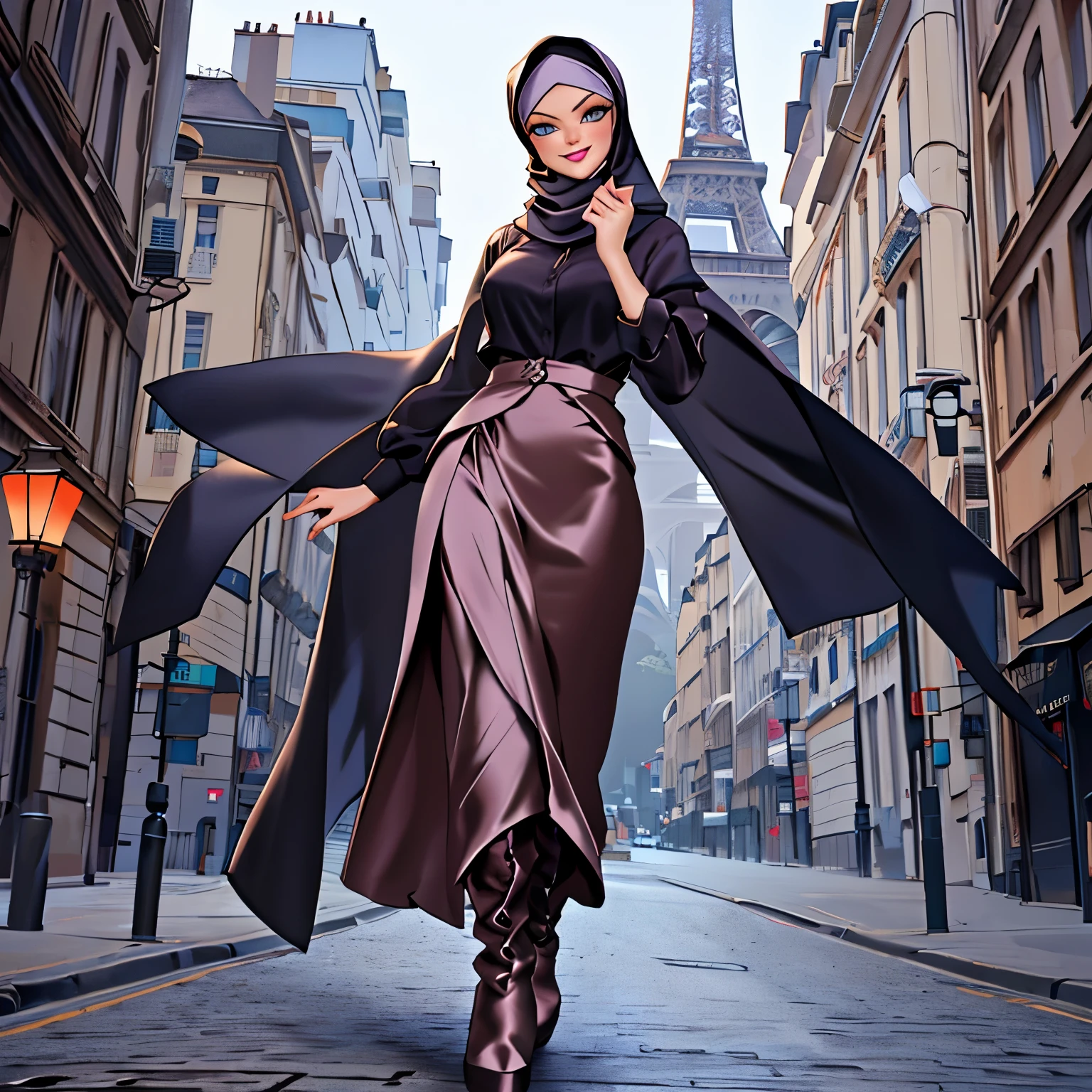Masterpiece, Best Quality, 3D Rip Artwork, 3DMM Style, Portrait, Realism, a woman beautifully makeup, eyeshadow, Parted Lips, Detailed Eyes, beautiful big eyes, long eye lashes, smile wearing (gray satin headscarf)), loosely tide hijab style, ((brown satin shirt)), satin long maxi skirt, long blazer, high cut boots, walking on street, Eiffel tower view