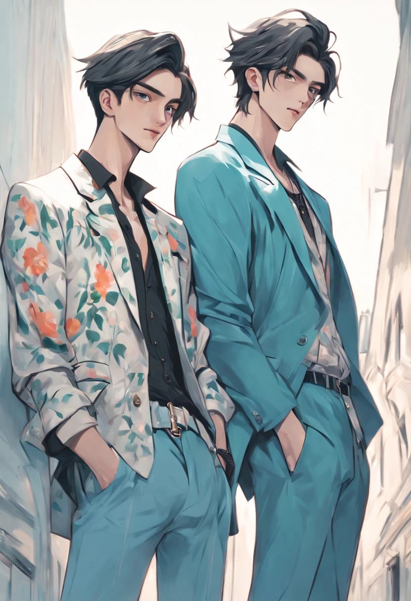 (two men standing), (((Beautiful))), standing next to each other, behind your back, man looking directly at the camera, Idol style, Young face, (hairlong), Dramatic style, ((Smooth face)), ((emphasis on the look)), (((Lovers, couple))), dutch angle