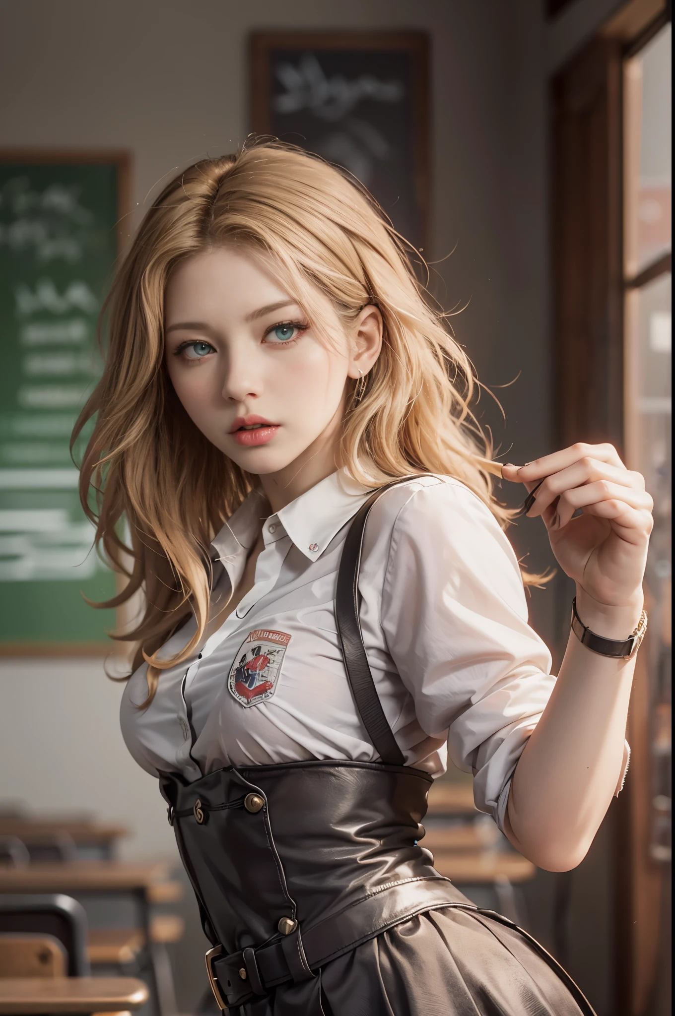 (()), obra maestra, mejor calidad, (realista, fotorrealista: 1.4), (foto RAW: 1.2), fondo de pantalla CG unity 8k extremadamente detallado, un arte oficial extremadamente delicado y hermoso, asombroso, con detalles finos, absurdos, incredibly absurdres, gran archivo , ultra detallada, extremadamente detallada, ((Katheryn Winnick: 1.3)\(Vikingos)\(Lagertha)), ojos y rostro extremadamente detallados, hermosos ojos detallados, luz en la cara, 1 girl in, cabello extra largo, ((cola de caballo)), sola, linda, mirando al espectador, (figura femenina perfecta) , cintura delgada, cuerpo completo, smal boobs, ((small breasts)), de pie, ((She wears a magnificent school uniform)), ((microfalda)), minifalda, falda a cuadros, ombligo, diafragma, camisa sin mangas, brazos desnudos, flequillo, escuela, Classroom, ulzzang-6500-v1.1, ((caderas muy anchas)), ((muslos muy gruesos))