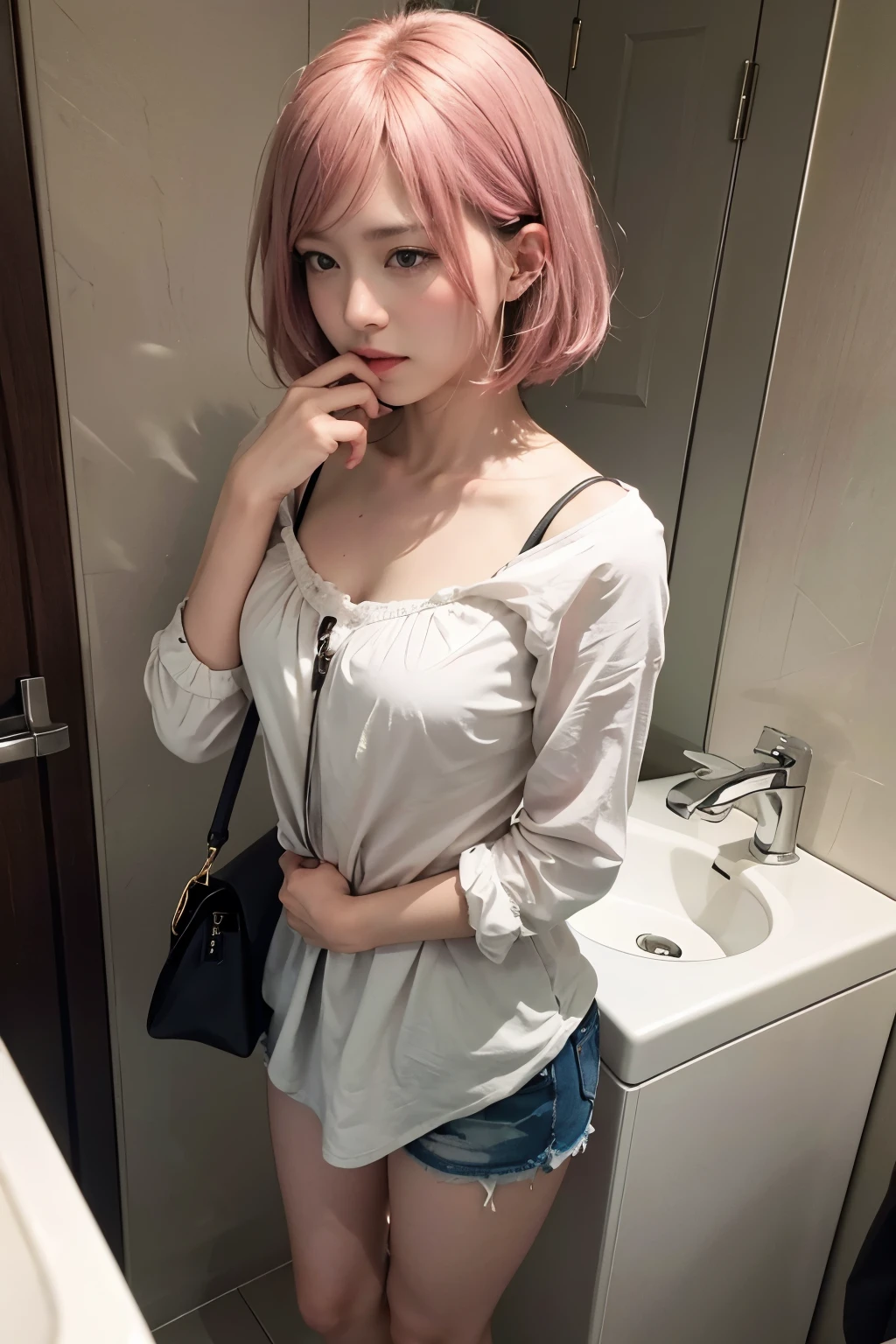 (8K, top-quality, masterpiece:1,2), (reallistic, Photorealsitic:1.37), Super Detail, One girl,), (Highly detailed), (beautifully detailed eyes), (of the highest quality), (super detailed ), (masterpiece), (Detailed face),20yr old, ,1 girl, full body, pink hair,Very short hair, medium breasts, clothed, Perfect Lighting, taking to lavatory, looking away, standing,  embarrassed, blush, Keep one's mouth shut, street (girl is peeing self:0.4)