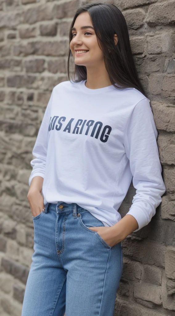 arafed woman with long hair smiling and leaning against a wall, beautiful, charming smile, entire body visible, full body, hyperrealistic, real human skin, best quality, 8K, masterpiece, extremely intricate, detailed eyes, detailed face, detailed body, exaggerated features, pronounced features, fujifilm, wearing a long sleeved tshirt and jeans with sneakers