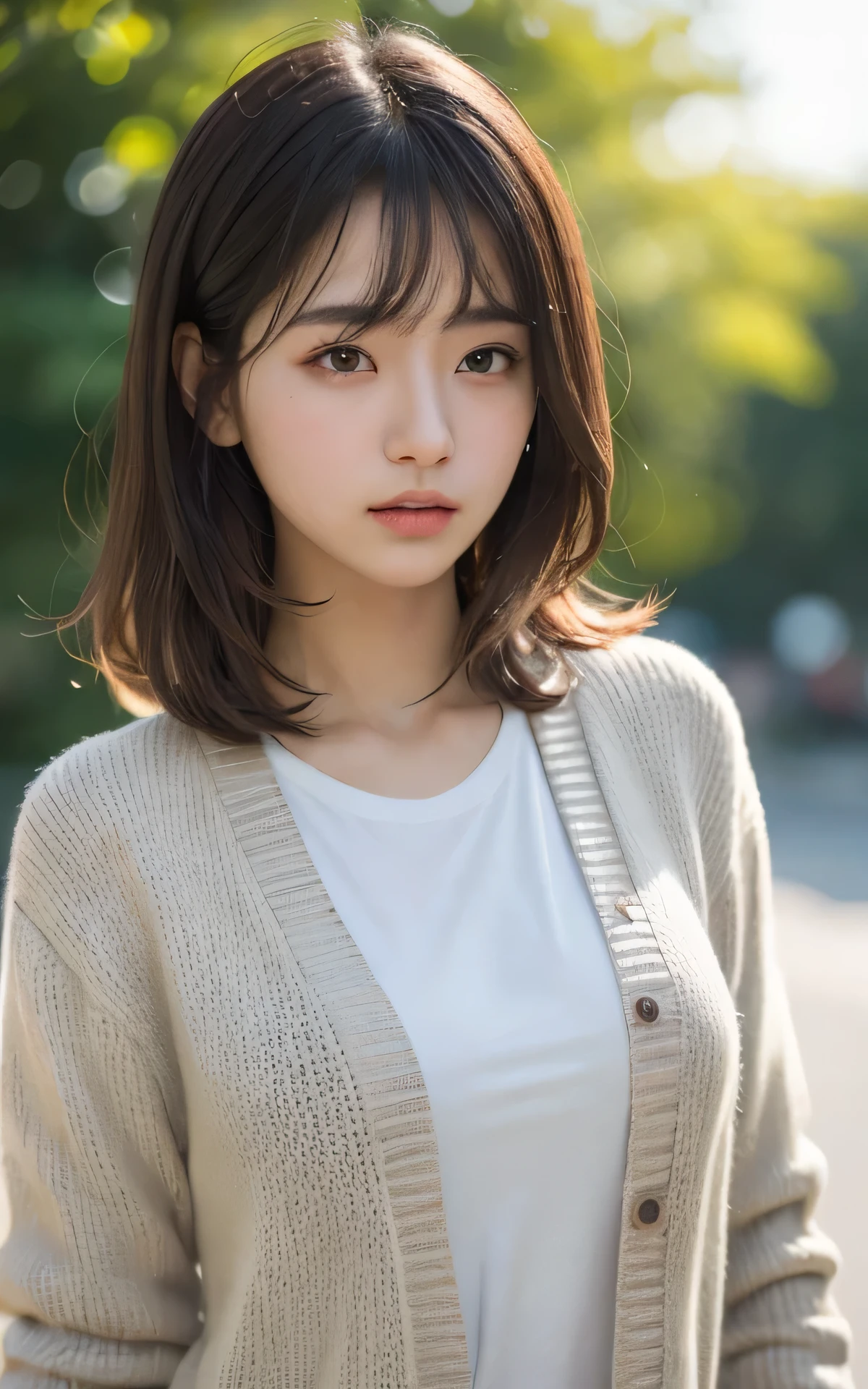 masutepiece, Best Quality, 8K, 1 girl, Right human hands, Correct human finger, japanaese girl, gros-plan, Cute, Girly, Delicate girl, Neat and clean beauty, medium breasts, Sexy lips, Luminescent, Looking away, Raw photo, F/1.8, 135 mm, NIKON, Anatomically correct, Bokeh,Textured skin, Professional Photography, Portrait, Soft light, Professional Lighting, Back Light, boobs film grain, (Eyes and faces with detailed:1.0), Brown hair, Medium hair swaying in the wind, T-shirt, Cardigan