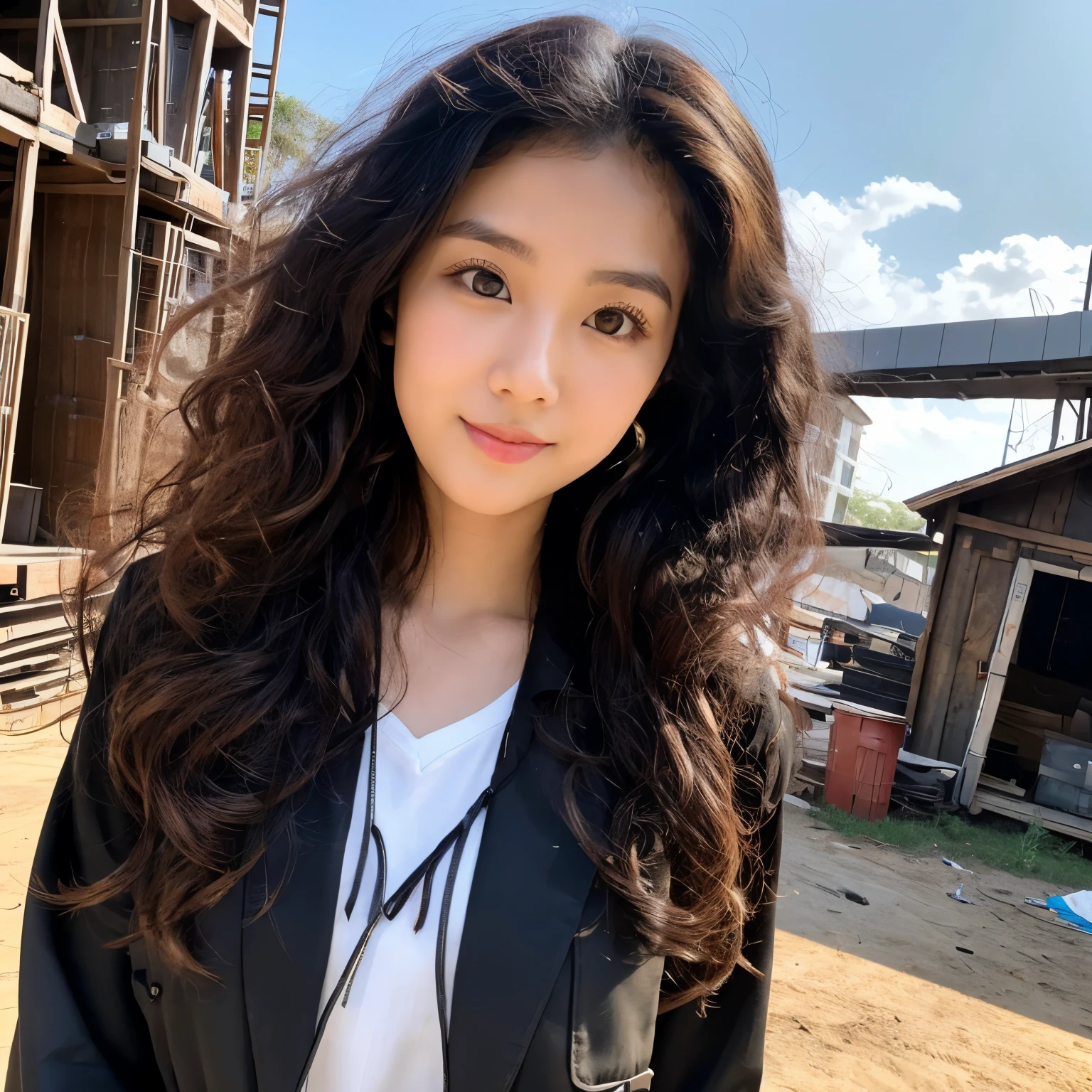 A female architect with a sharp Thai face, tall, tanned skin, long black hair, wearing a black shirt, holding a house plan, stands with a female doctor wearing a long coat, half Thai-Japanese, white skin, big curly hair, dark brown, cute face. Beautiful, charming, big eyes, background is a construction site.