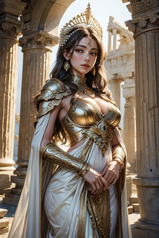 A sexy representation of the Greek goddess Athena,(best quality,4k,8k,highres,masterpiece:1.2),ultra-detailed,realistic:1.37,goddess with piercing eyes,graceful and alluring posture,tightly curled golden locks flowing down her back,beautifully sculpted face with defined cheekbones and soft lips,platinum crown adorned with intricate patterns and shining gemstones,armor made of shining bronze,feathers delicately etched along the edges of her armor,strong and muscular physique,dressed in a flowing white gown that drapes elegantly around her body,a majestic owl perched on her shoulder,wise and watchful,standing proudly against a backdrop of ancient Greek ruins,bathed in warm golden sunlight,casting long shadows on the marble pillars,touches of blue and gold hues throughout the scene,creating a regal and mysterious atmosphere,featuring soft and diffused lighting,emphasizing the goddess's radiant beauty.