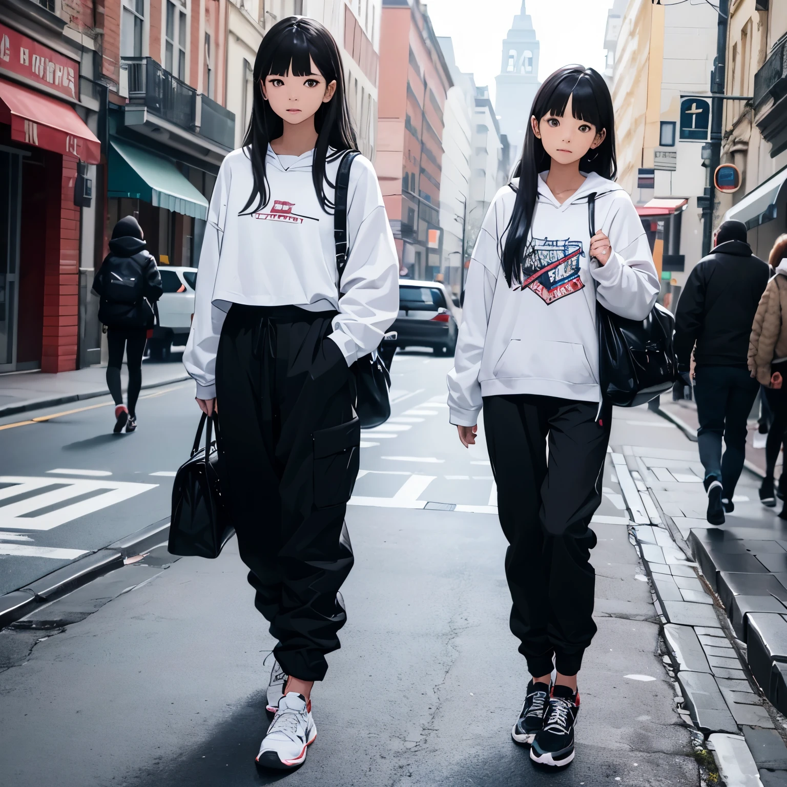 Two beautiful and cute girls, long black hair, black white hoodie, trousers, sneakers, decent, tall, sit, table