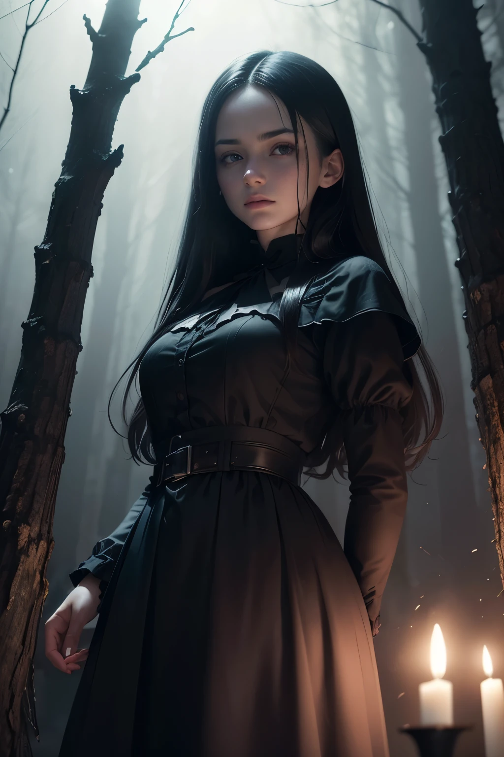 (best quality,ultra-detailed,realistic:1.37), dynamic angle, elegant, atmospheric, (night, in the woods, darkness), solo, (1girl, Swedish girl) , pale skin, black hair, scarlet dress, officiating an occult ritual, Candlelight,crescent gibbous moon, (standing over a bonfire), mysterious, misty atmosphere, hauntingly beautiful,